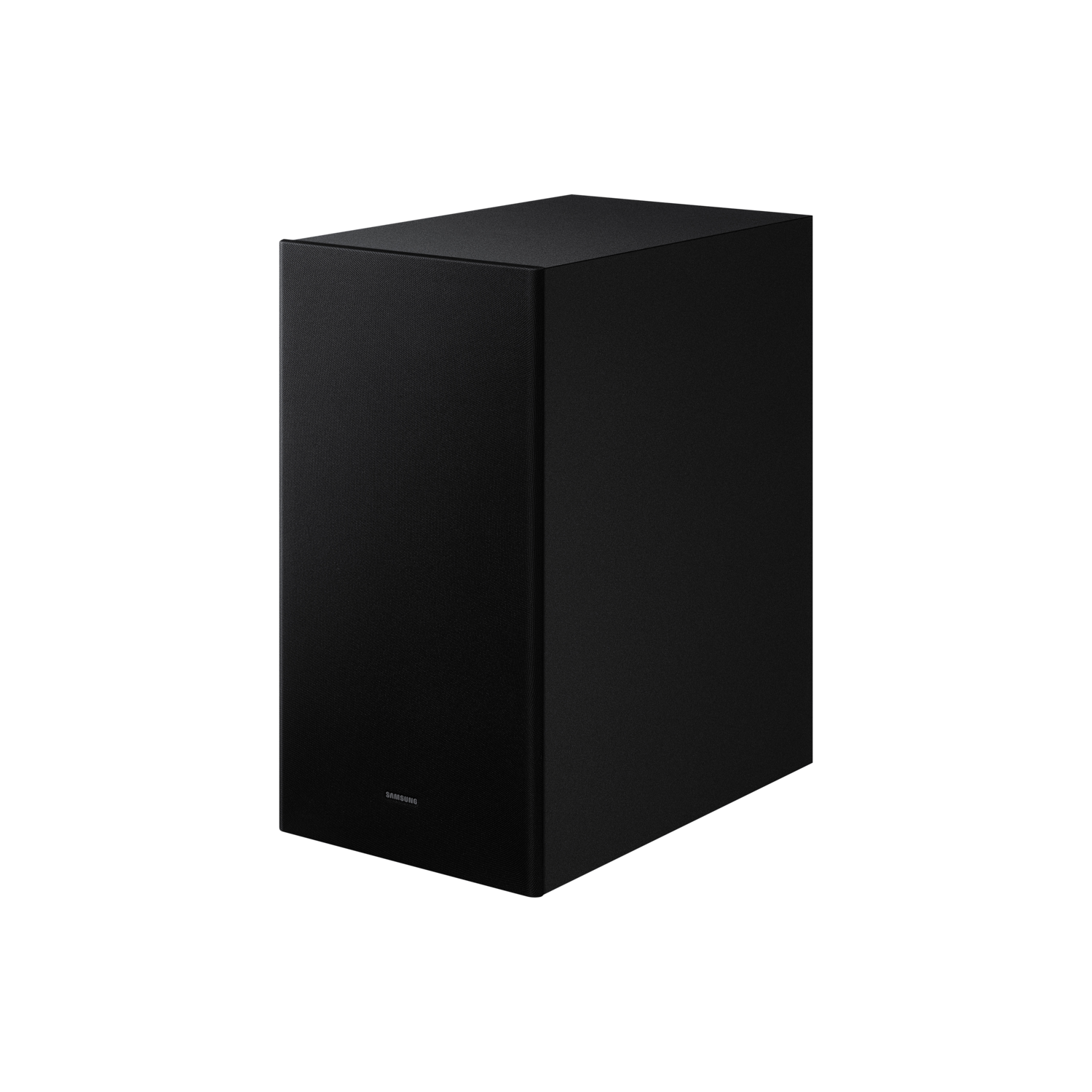 Black Samsung subwoofer. Cube-shaped with the Samsung logo on the side.