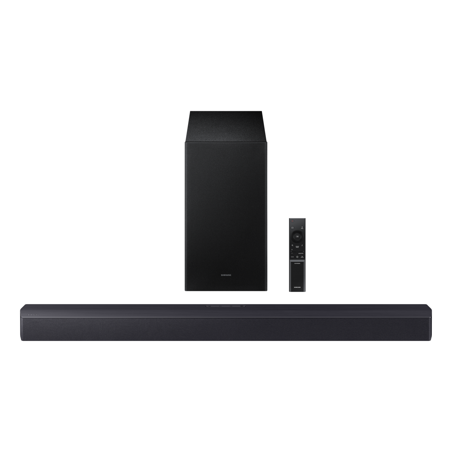 Black soundbar, subwoofer, and remote against a black background. Samsung logo is visible.