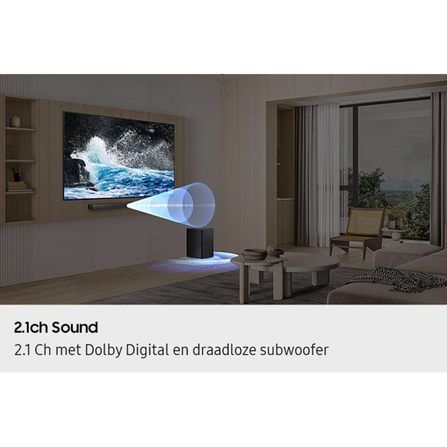 Living room scene, soundbar under TV, subwoofer on the floor, and a blue sound wave.