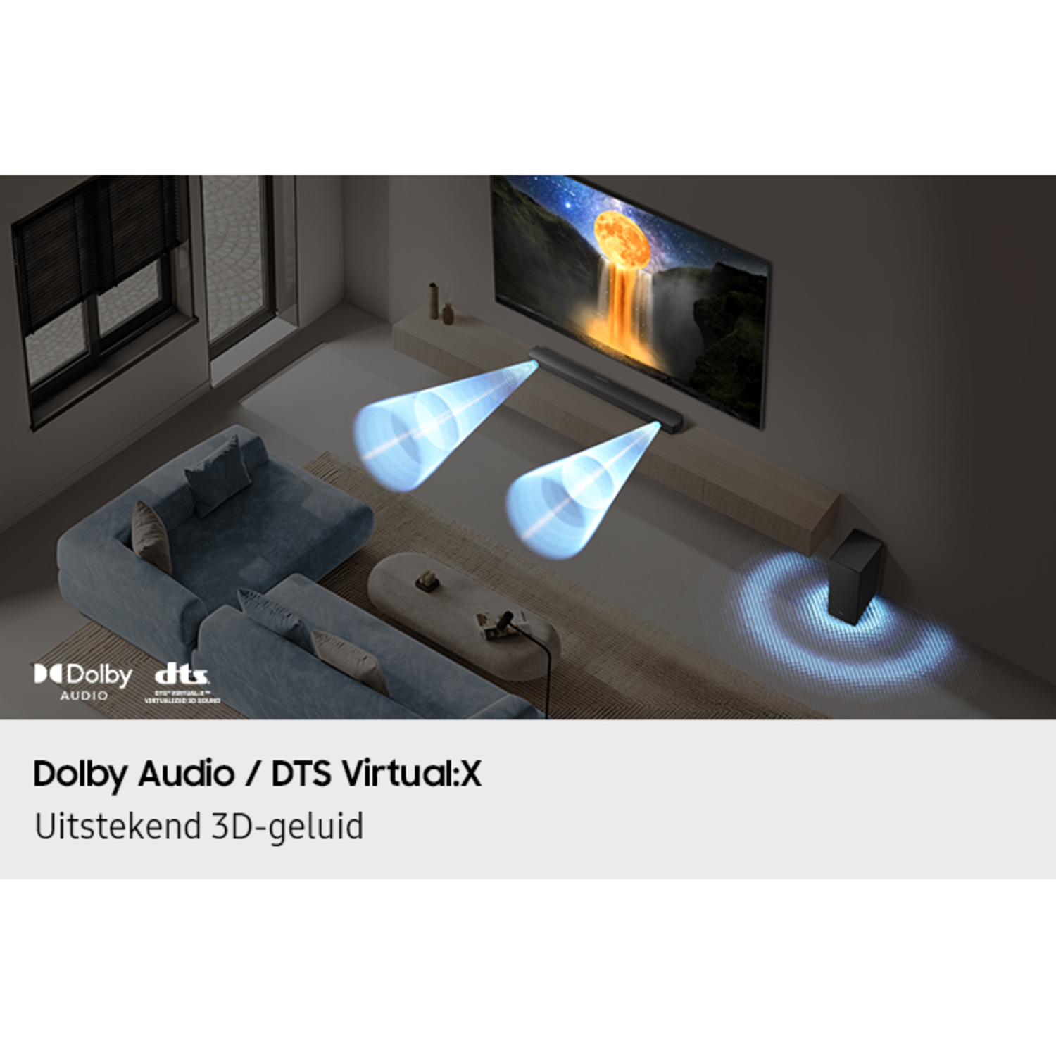 Living room scene with sound waves from soundbar and subwoofer, TV on wall.