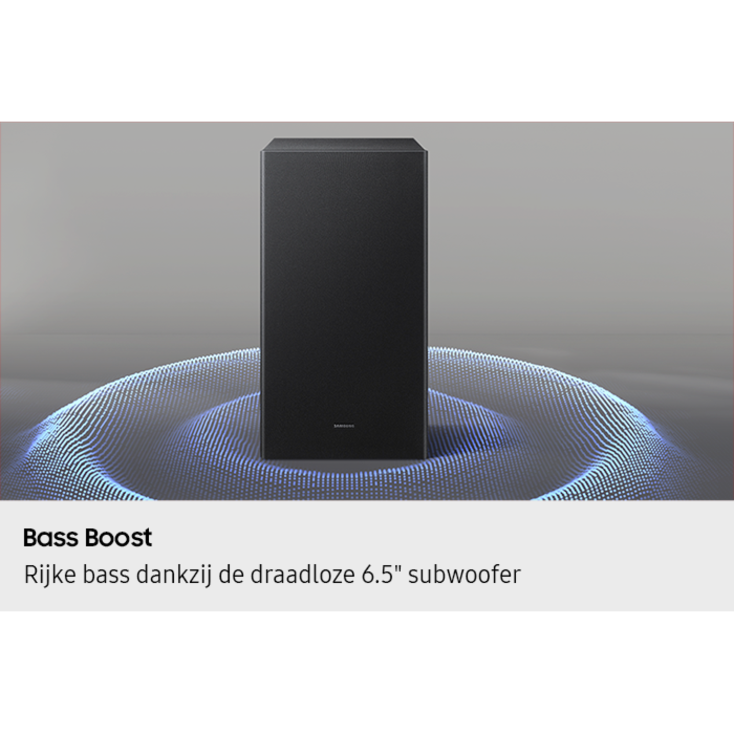 Black subwoofer with a sound wave graphic. Bass Boost is written at the bottom.