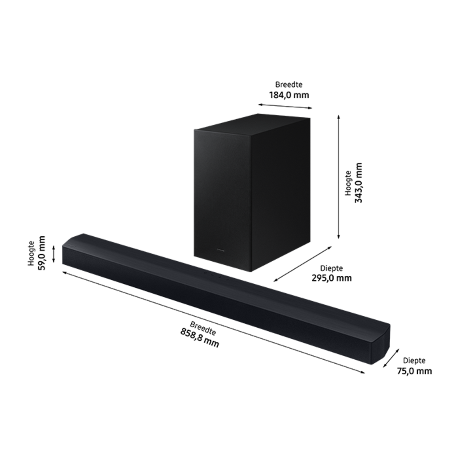 Black soundbar and subwoofer set against a black background. Samsung logo visible.