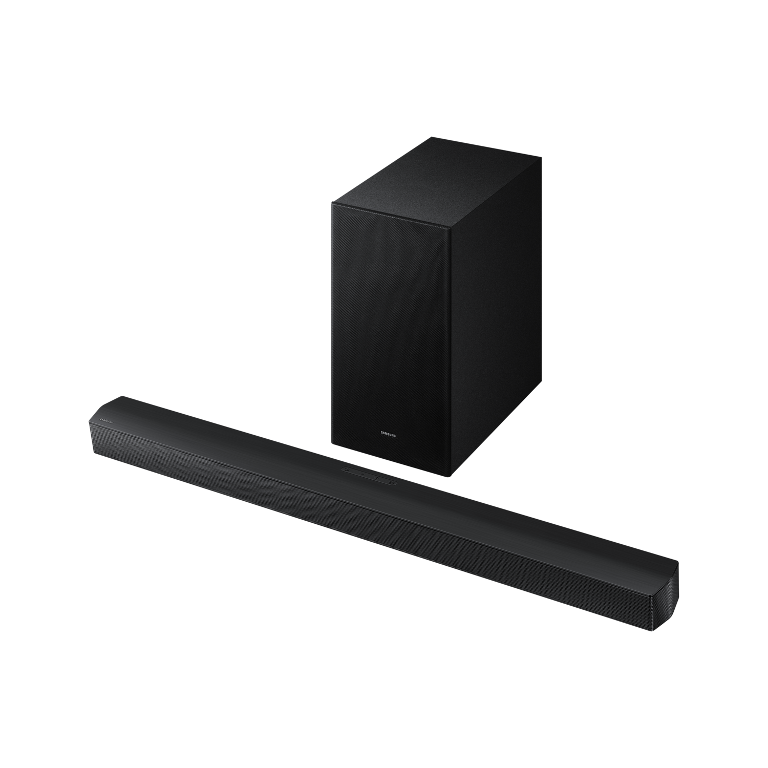 Black soundbar and subwoofer set against a black background. Samsung logo is visible.