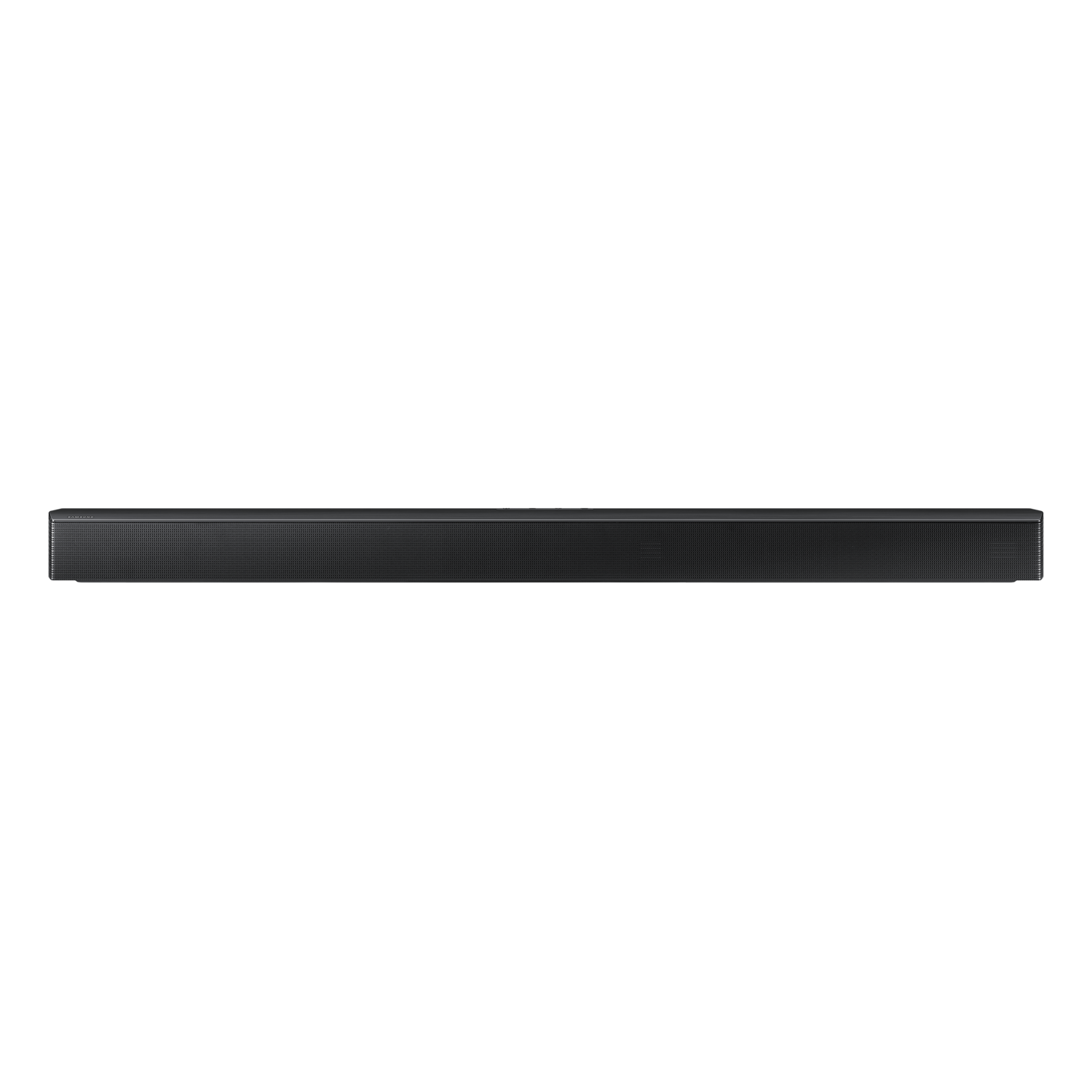 Black soundbar against a black background. Samsung logo is visible on the product.