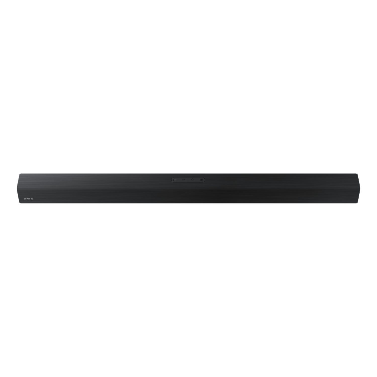 Black soundbar against a black background. The product has a Samsung logo on it.