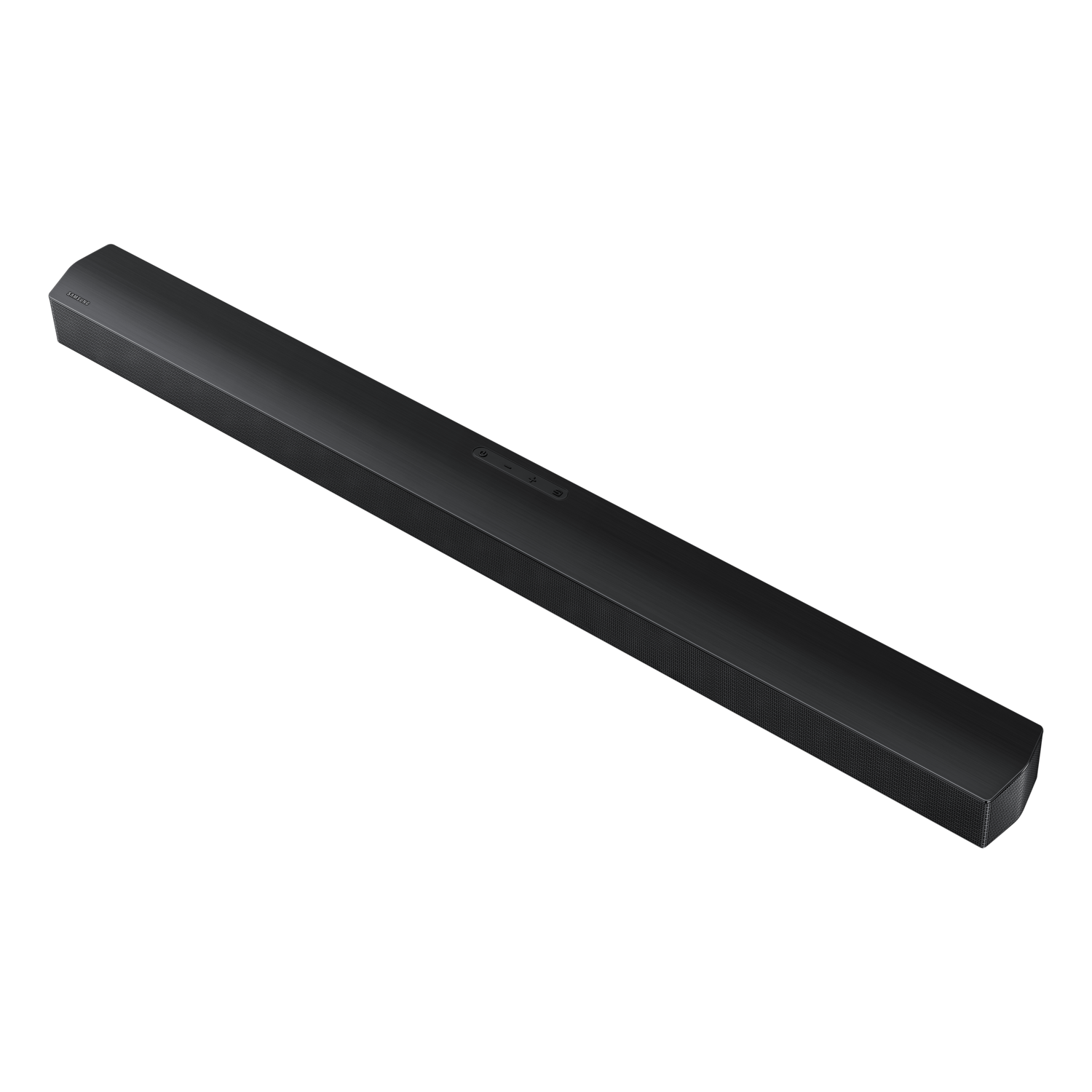 Angled view of a black soundbar against a black background. Has the Samsung logo.