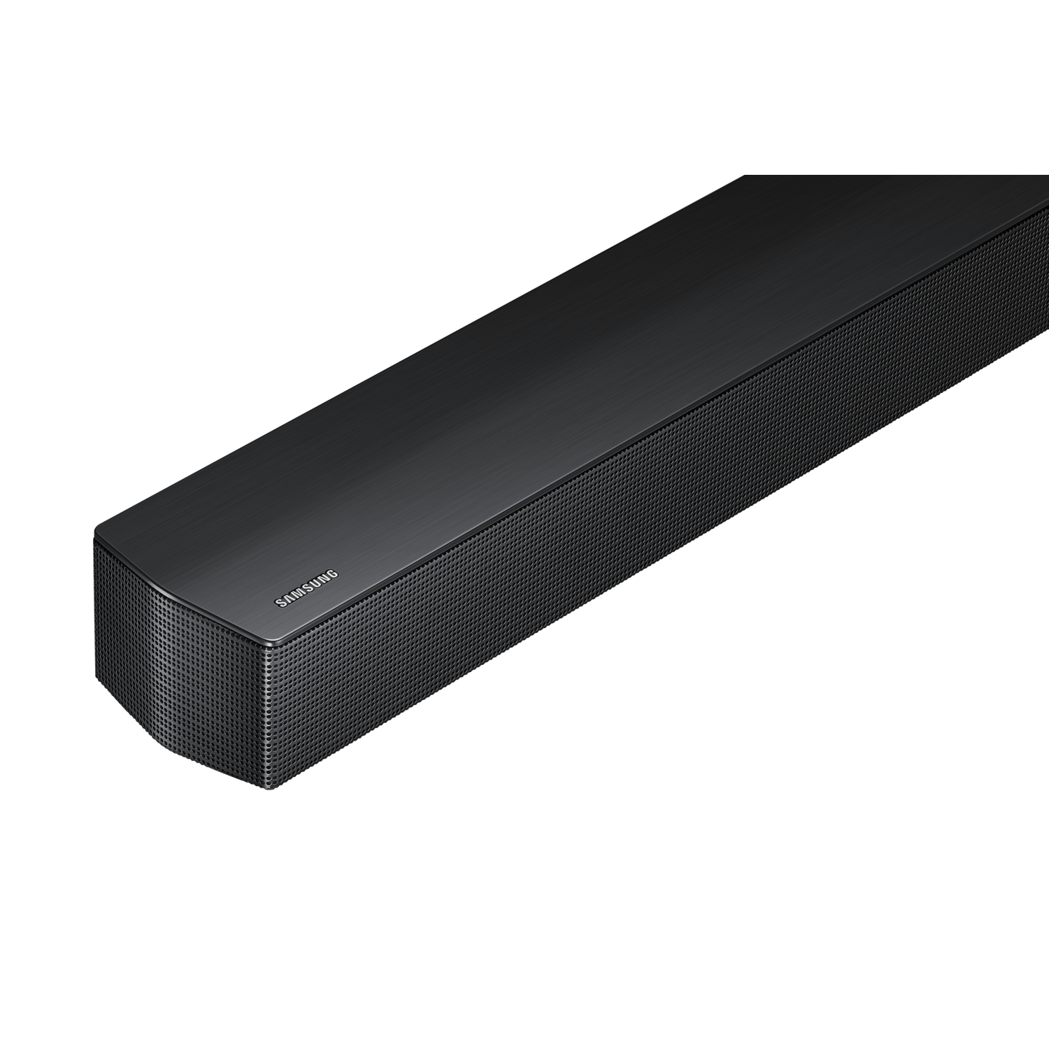 Close-up of a black soundbar corner against a black background. Samsung logo is present.