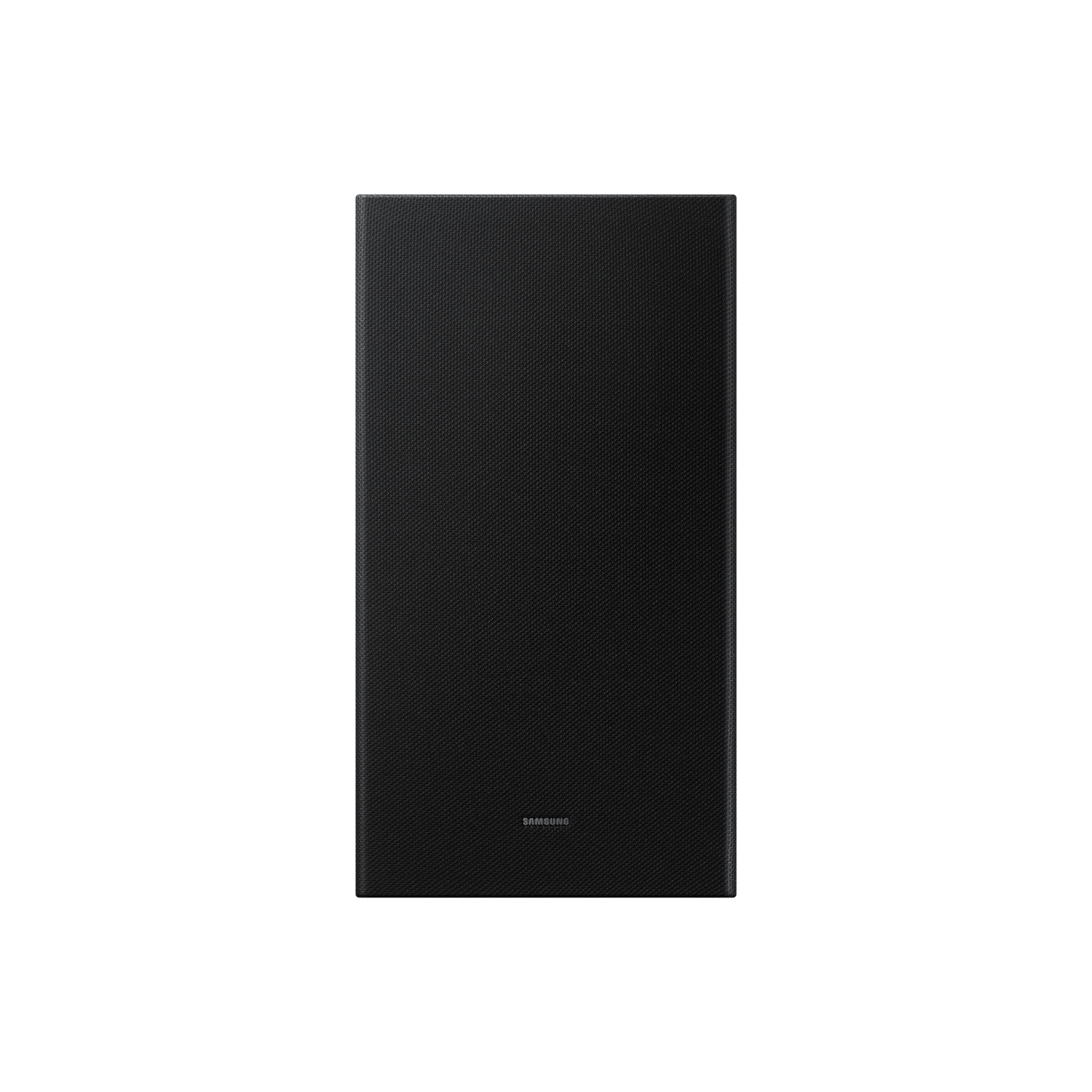 Black subwoofer against a black background. Samsung logo visible on the front.