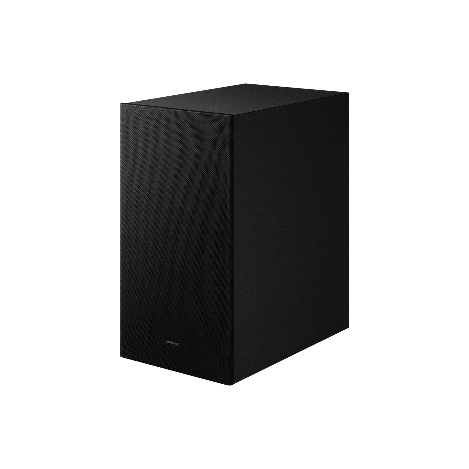 Black subwoofer against a black background. Samsung logo is present on the front.