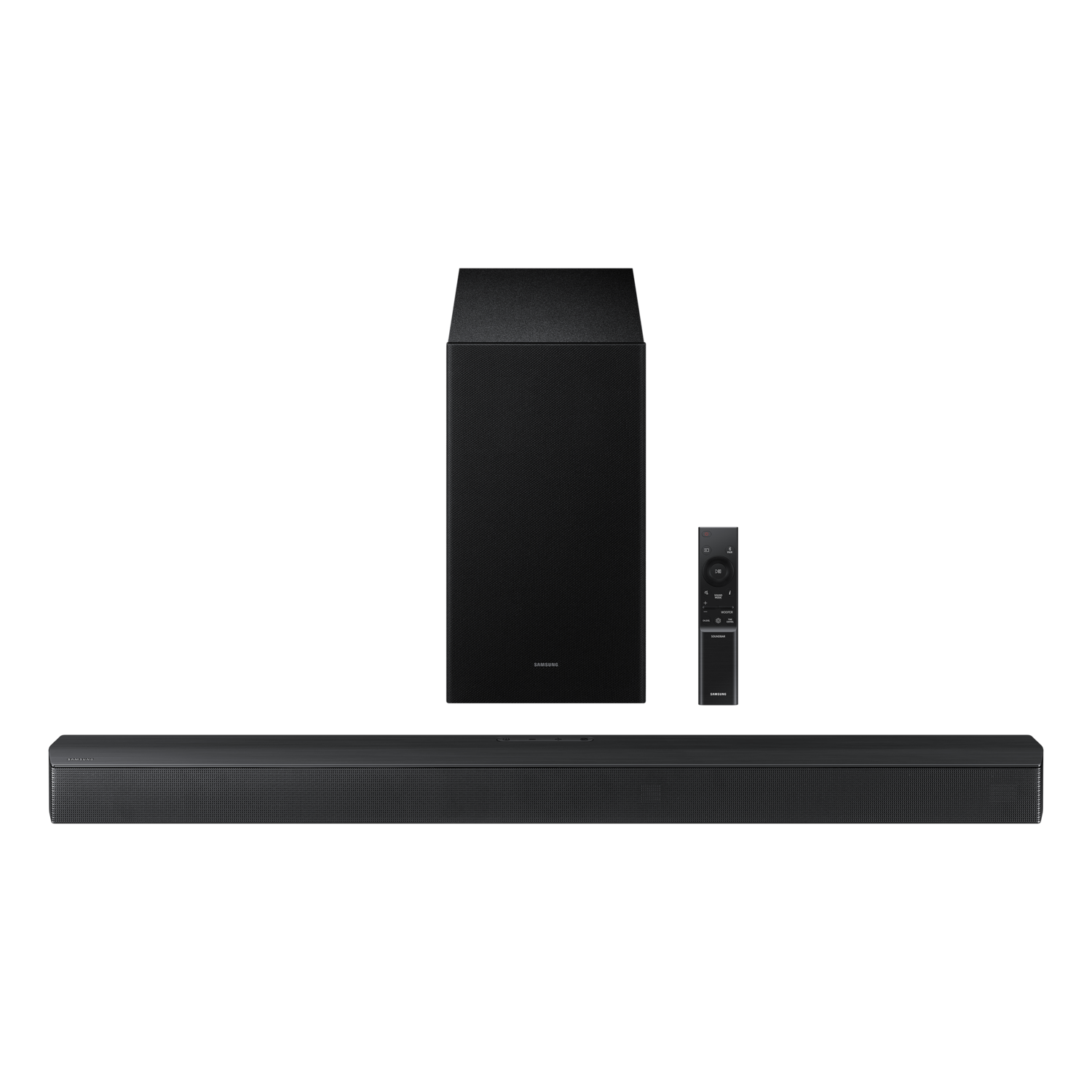 Black soundbar, subwoofer, and remote on black background. Samsung logo is visible.
