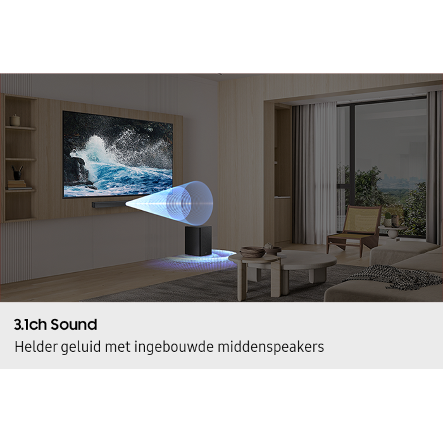 A soundbar system with a TV showing a waterfall scene, and the soundwave graphic.