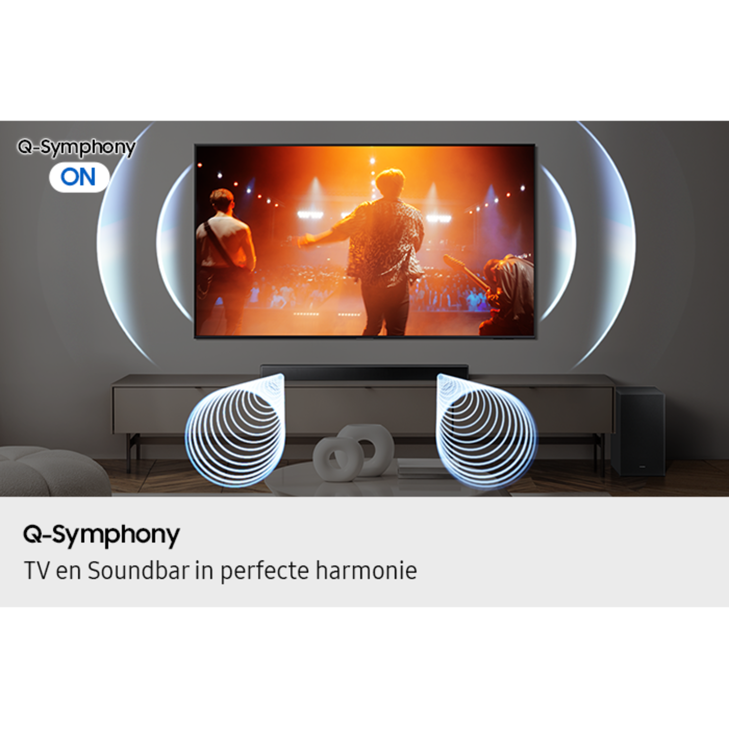 TV showing a concert scene. Soundbar with sound wave graphics. 