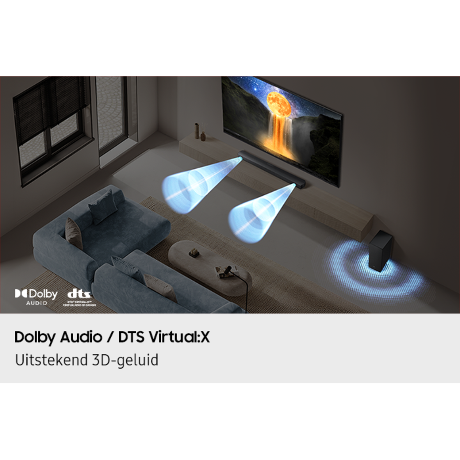 TV with a waterfall scene,  soundbar, and sound wave graphics.