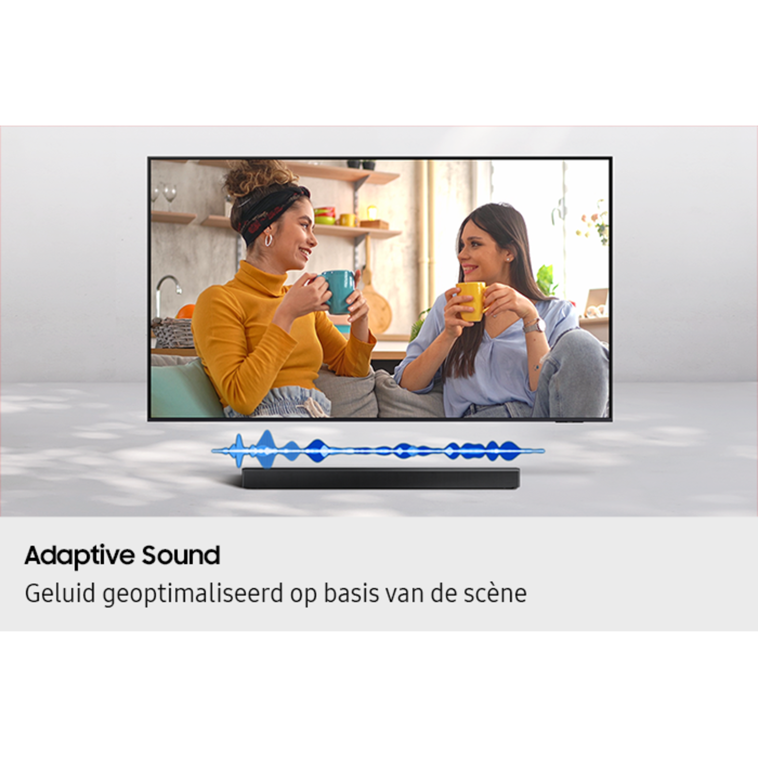 TV showing two women with cups. Soundbar with sound wave.