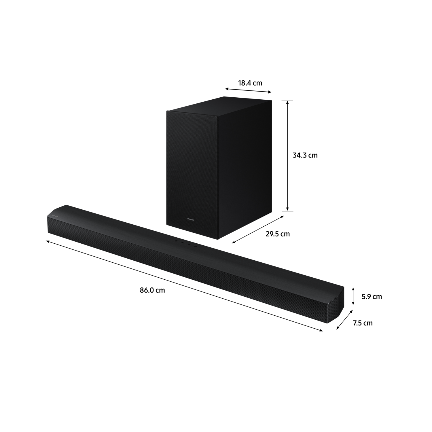 Black soundbar system: soundbar, subwoofer, and  black background.