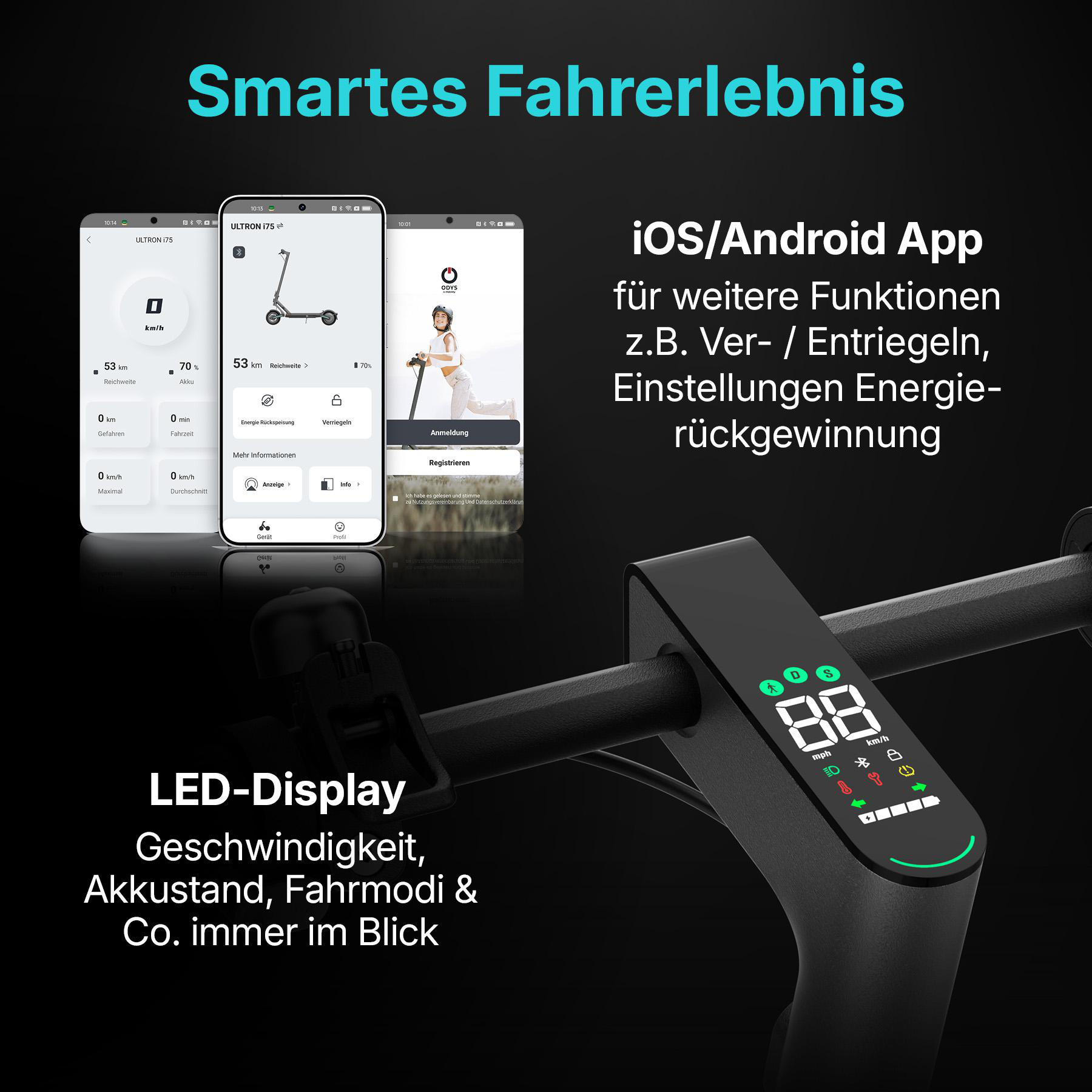 Schwarzer Elektroroller, mit Bildschirm, der Informationen anzeigt, und zwei Handys.