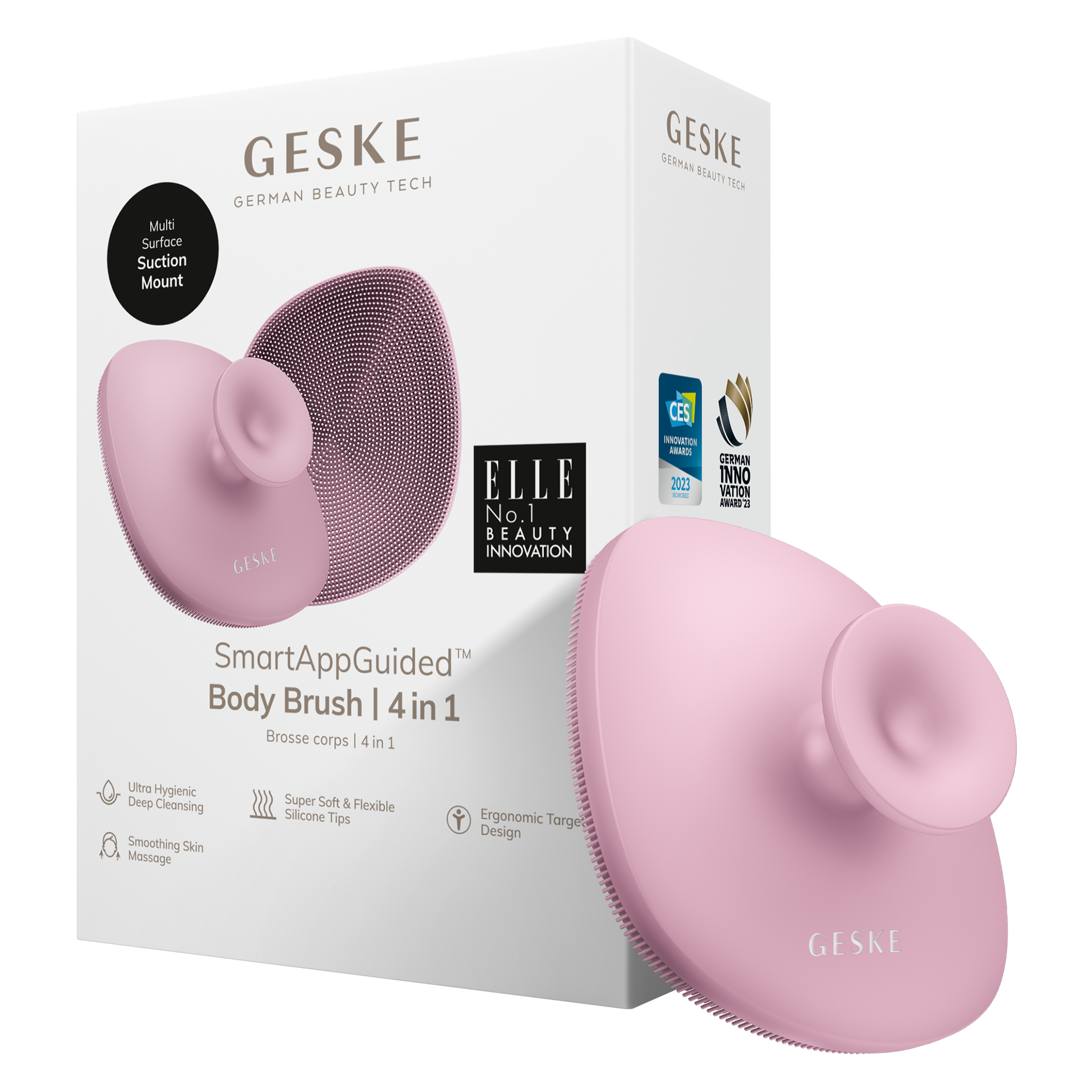 Pembe Geske SmartAppGuided vücut fırçası bir kutunun önünde. Kutu, fırça ve ödüller hakkında metinler içeriyor.