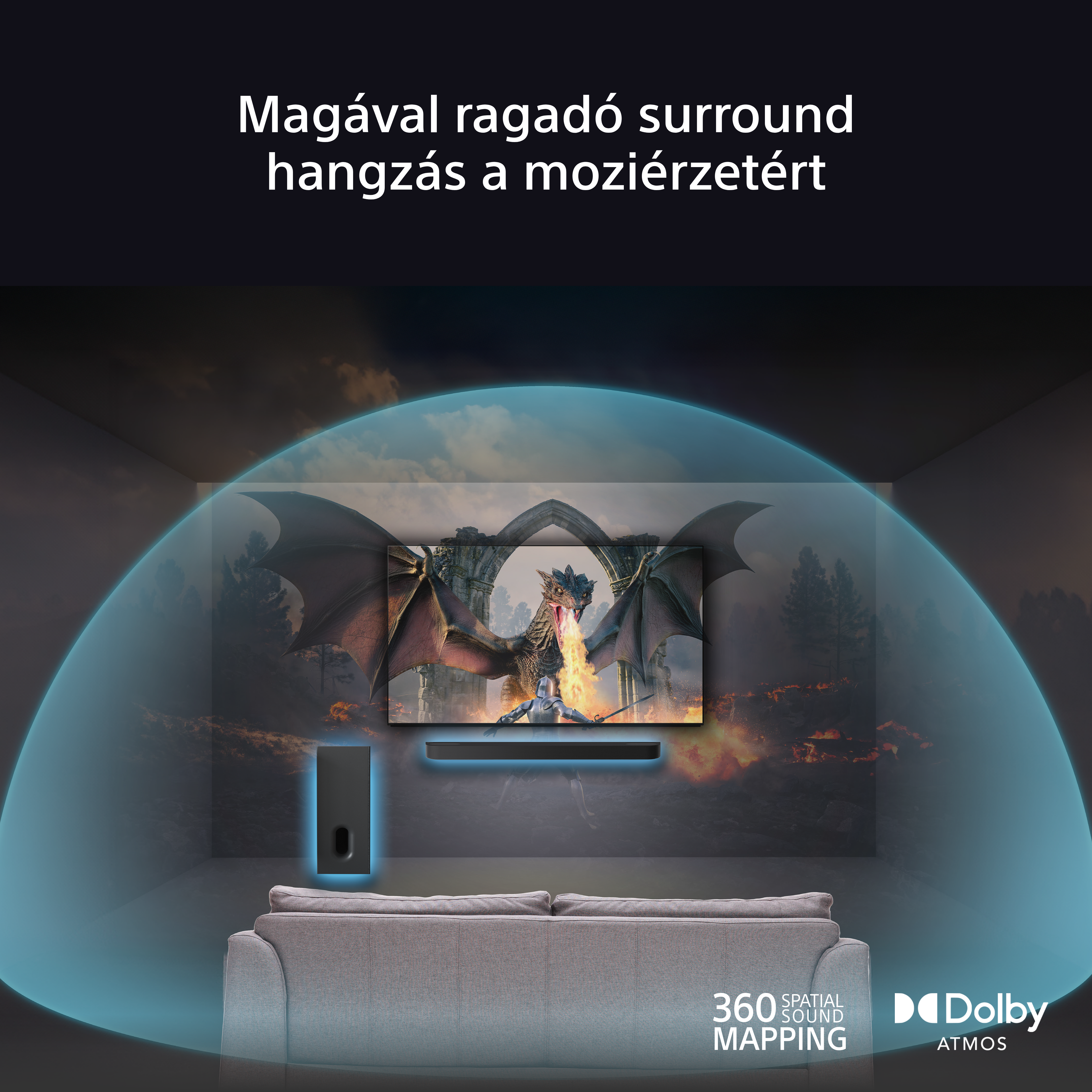 Egy illusztráció egy mélynyomót és egy soundbart mutat, amelyek térhatású hangzást hoznak létre.