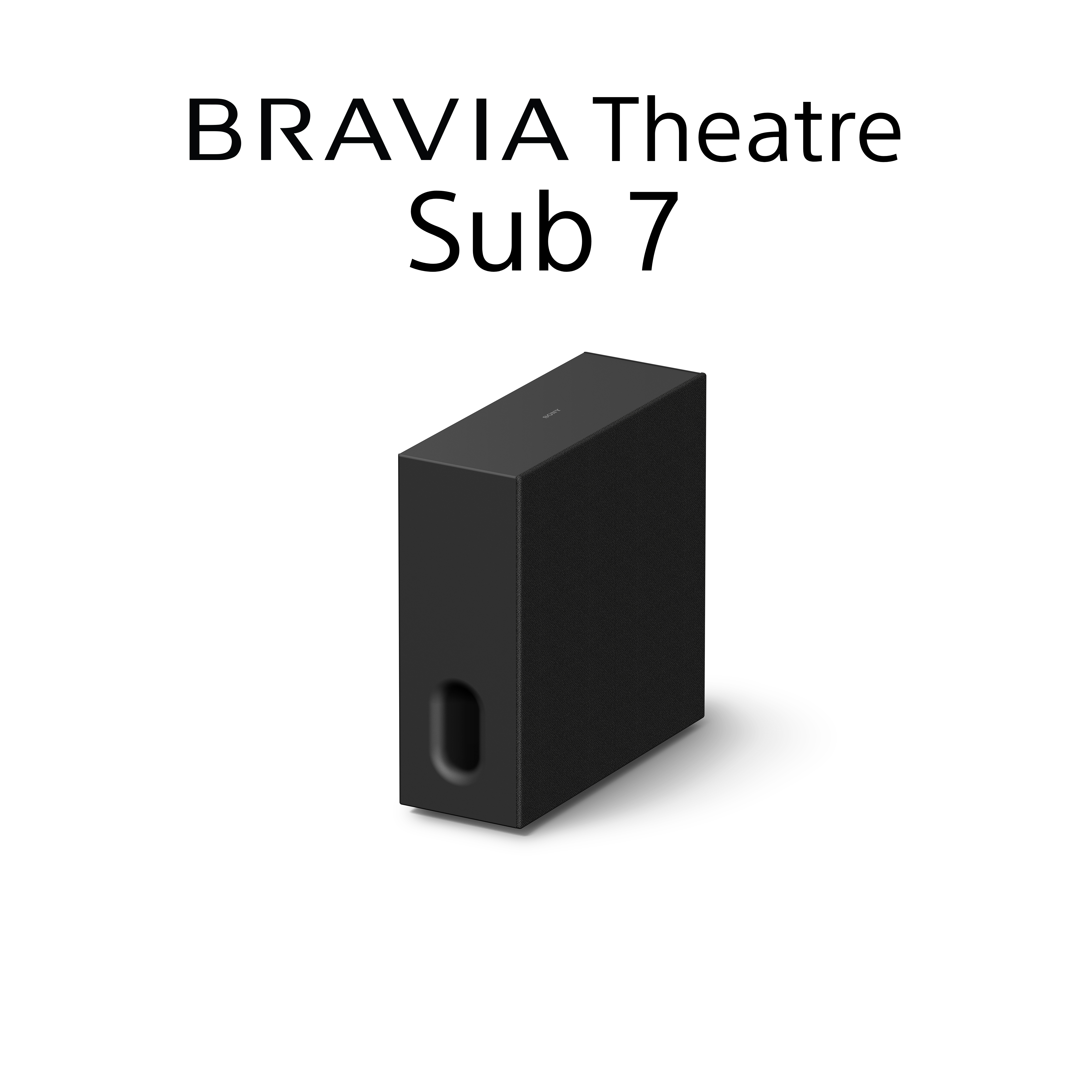 Egy fekete BRAVIA Sub 7 hangszóró fehér háttér előtt.