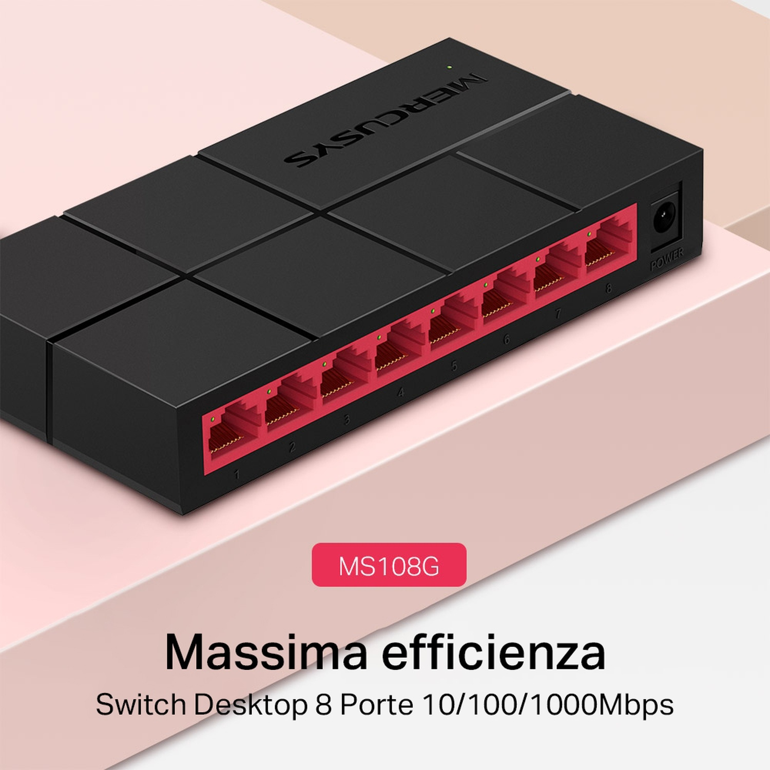 Switch di rete nero con porte rosse, il marchio MERCUSYS e il modello MS108G.