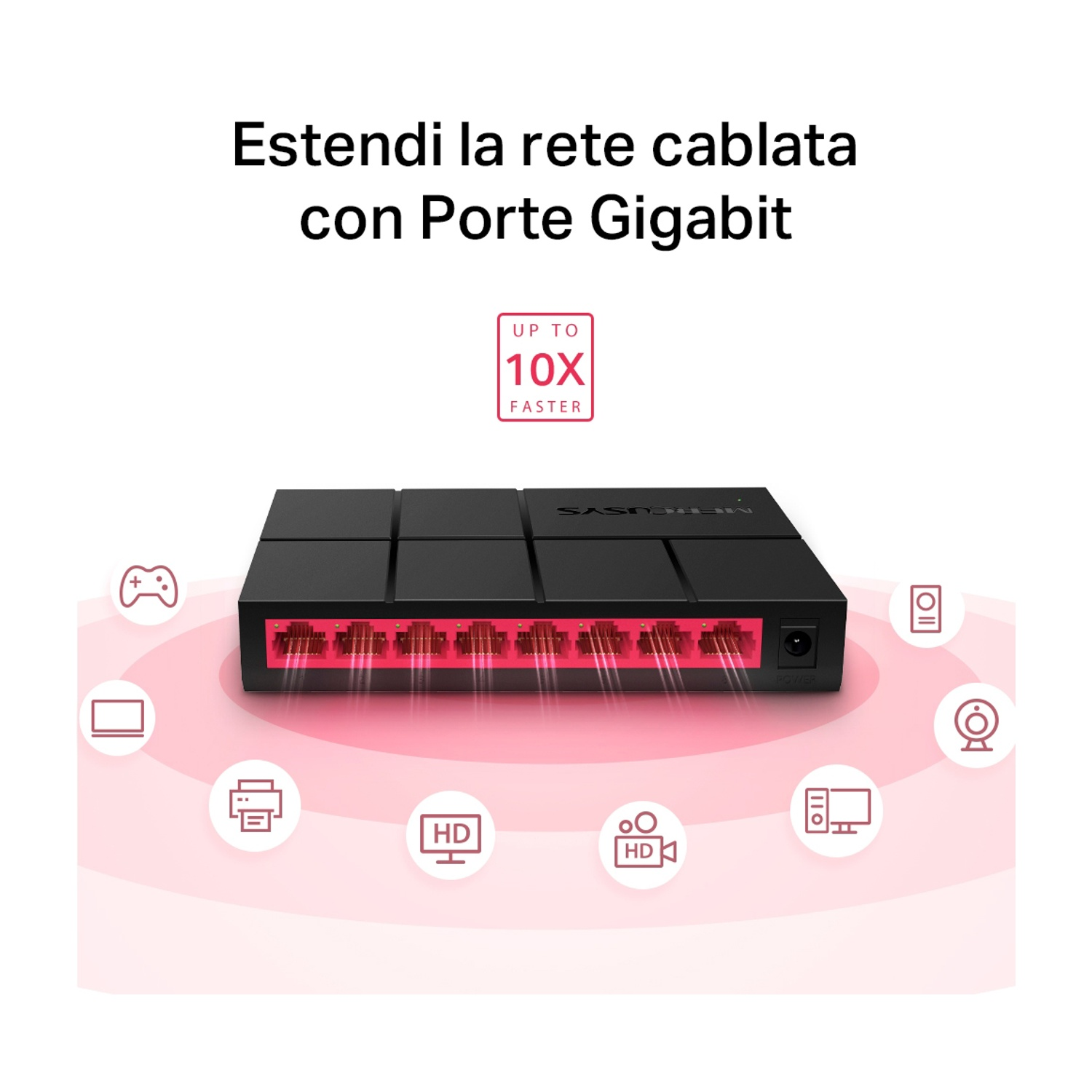 Switch di rete nero con luci e icone, con il testo 
