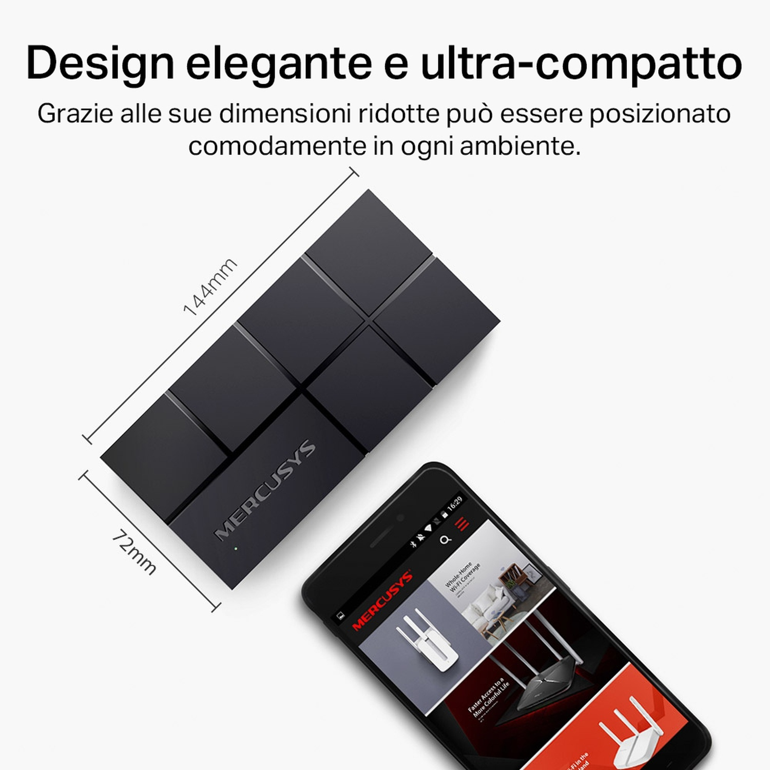 Dispositivo nero con logo MERCUSYS, con dimensioni.