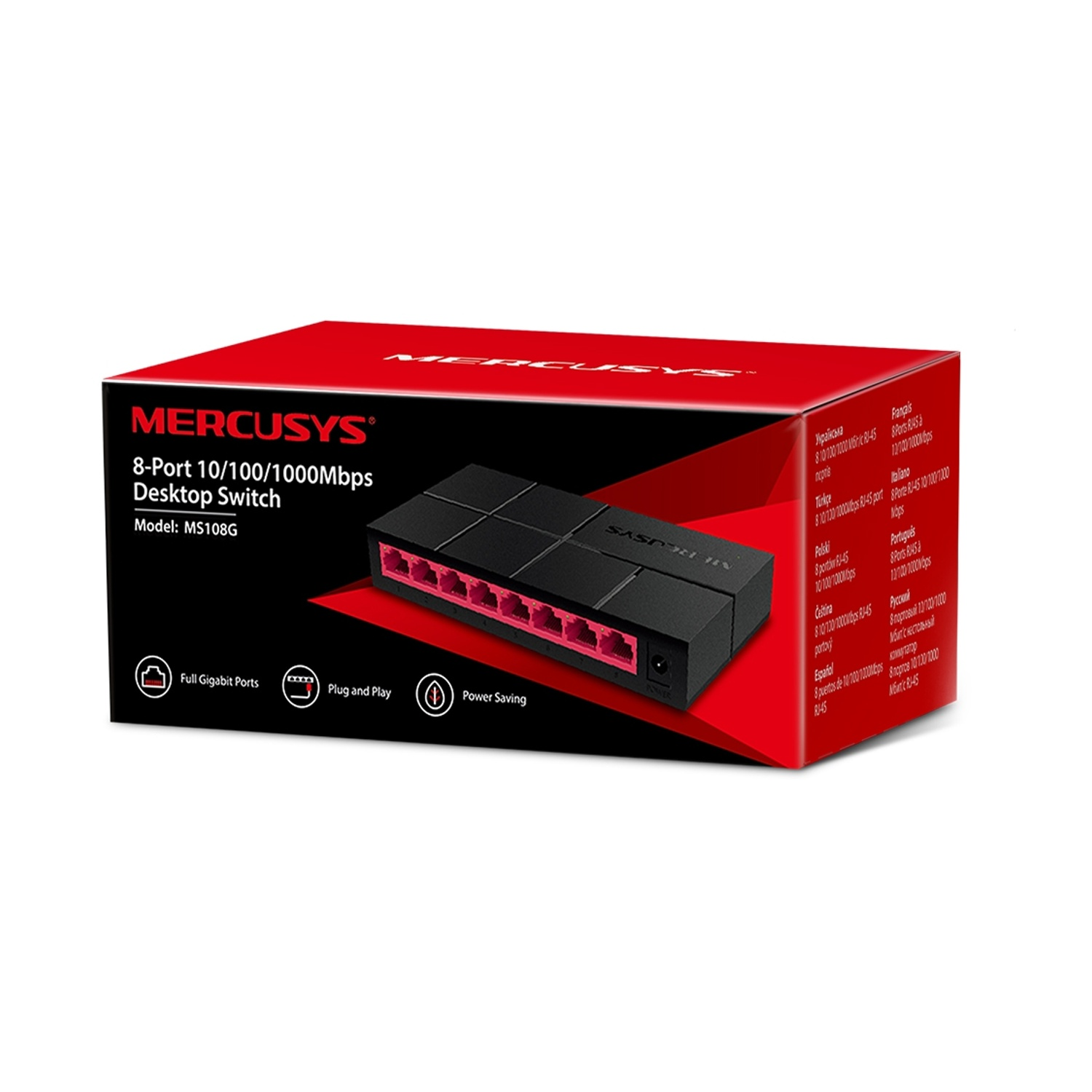 Una scatola switch desktop Mercusys a 8 porte nera con porte rosse e testo bianco.