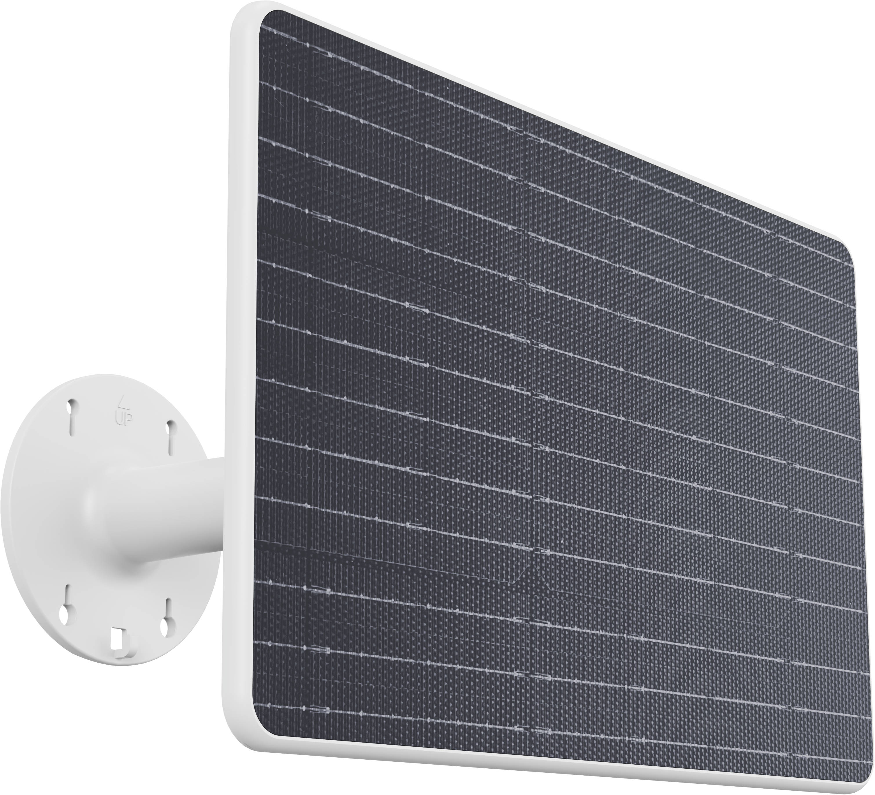 Rechteckiges Solarpanel, an weißem Halter montiert. Weißer Hintergrund. Das Panel ist dunkelgrau.