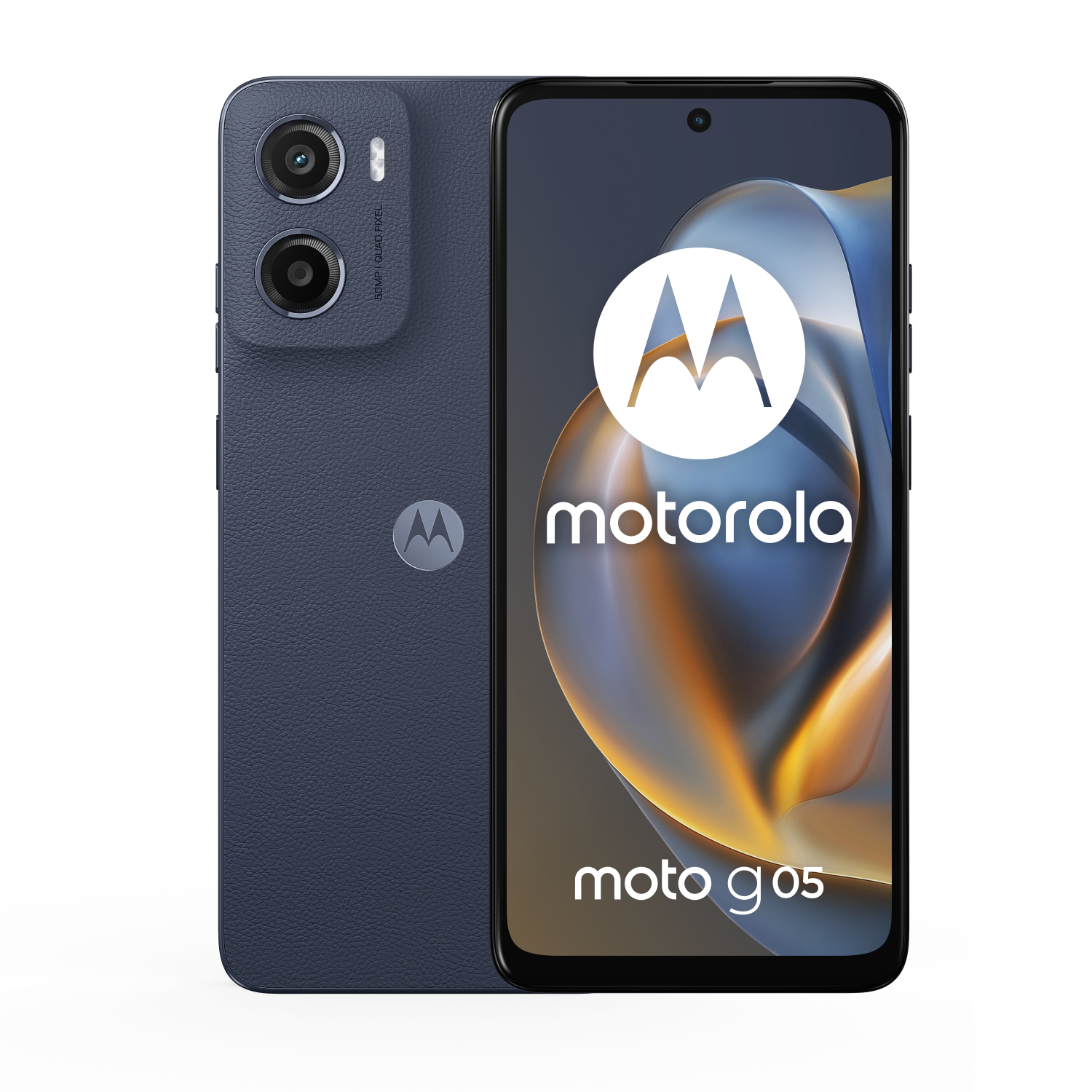 Motorola Moto G05 phone. Back and front views. Blue color.