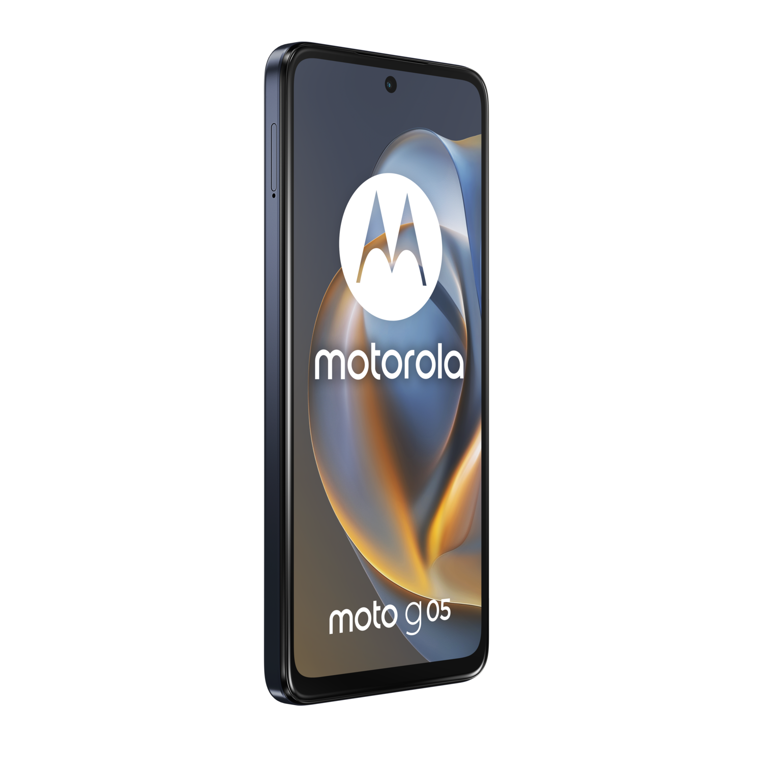 Motorola Moto G05 phone. Side view with logo and text on screen.