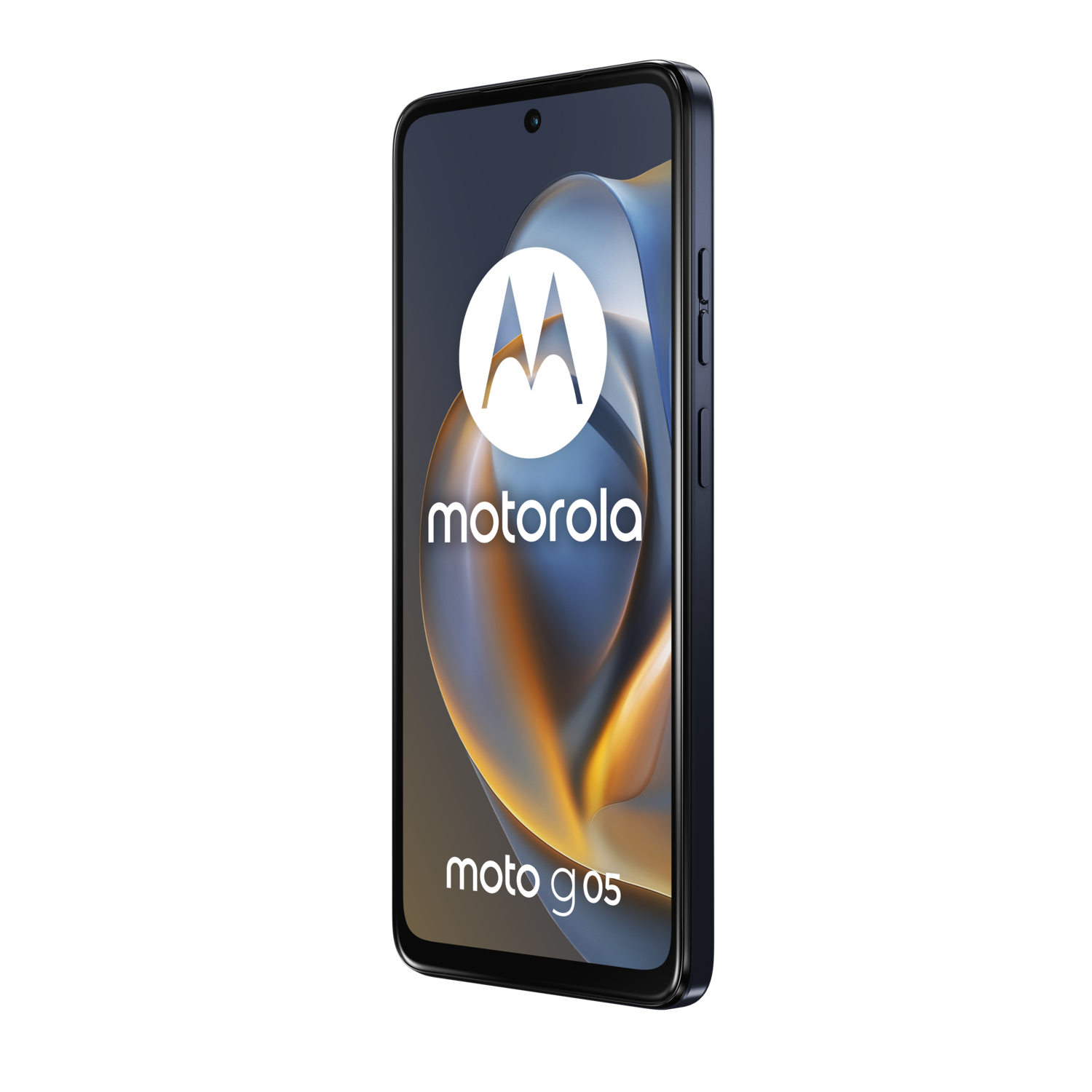Motorola Moto G05 phone. Side view, showing screen with logo and text.