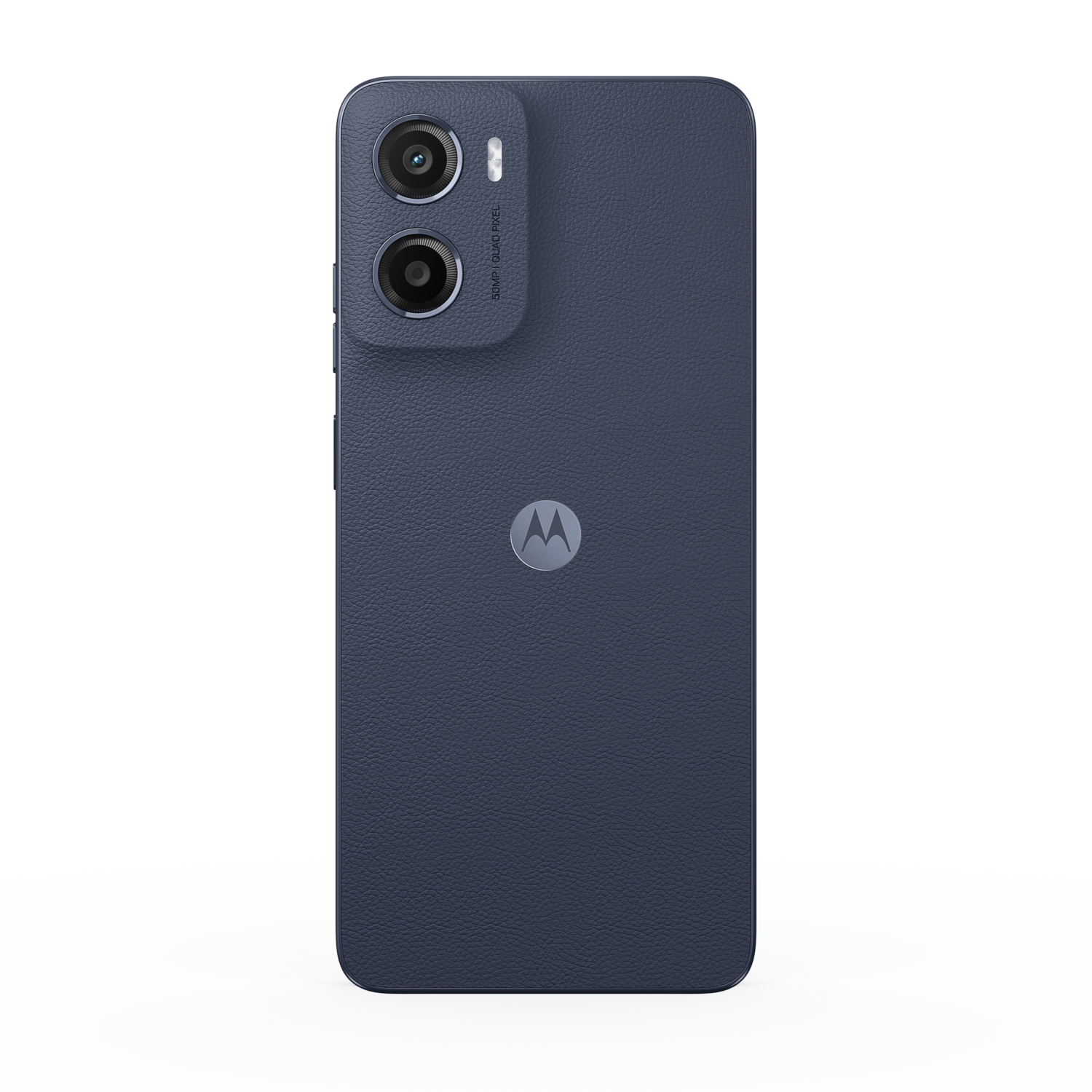 Motorola Moto G05 phone back. Blue color. Two cameras and logo.