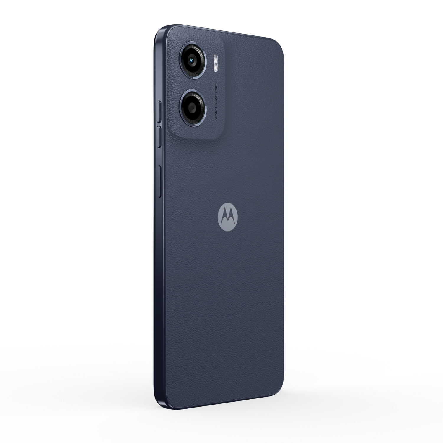 Motorola Moto G05 phone back. Blue color, two cameras, logo, side view.