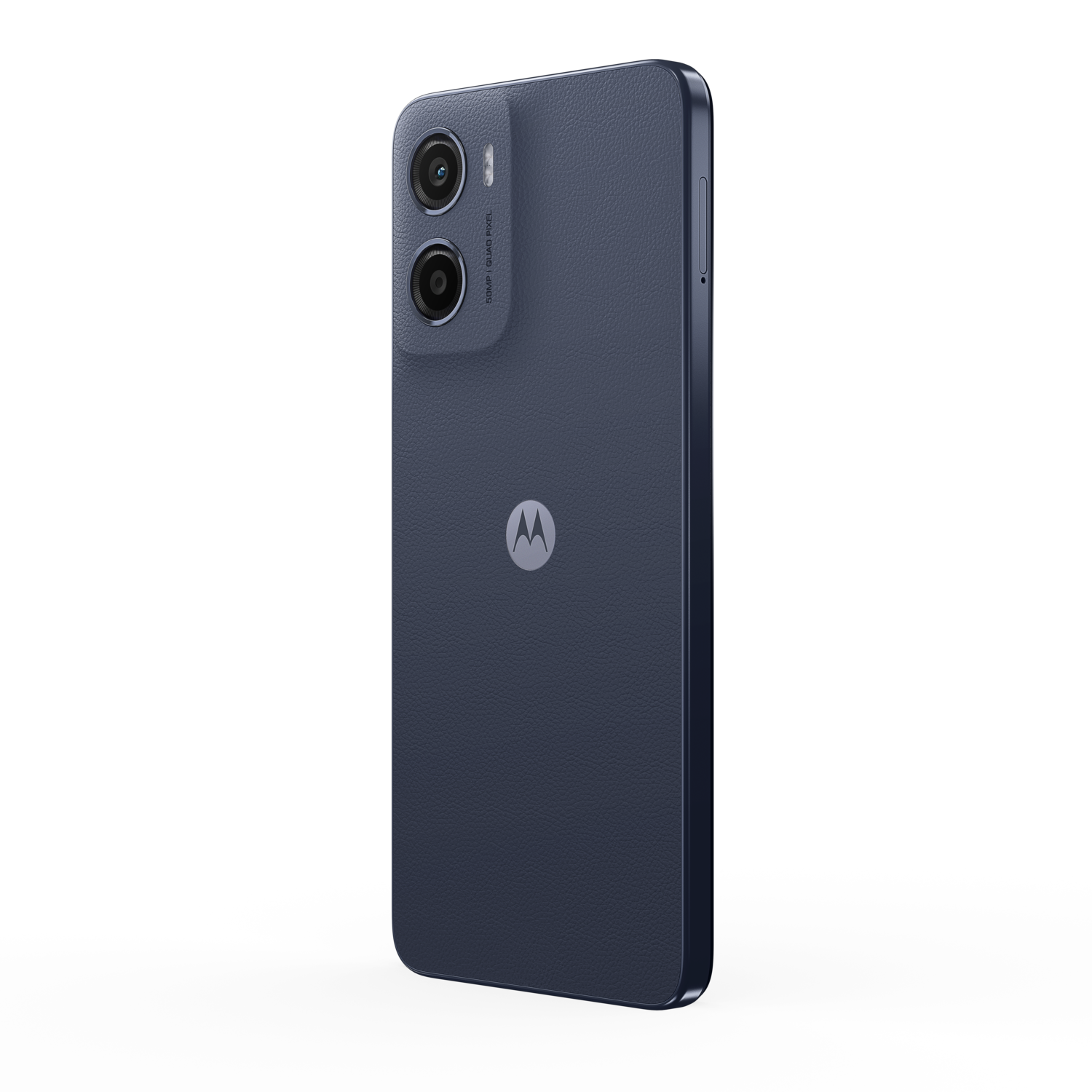 Motorola Moto G05 phone angled back view. Blue color, two cameras, logo visible.