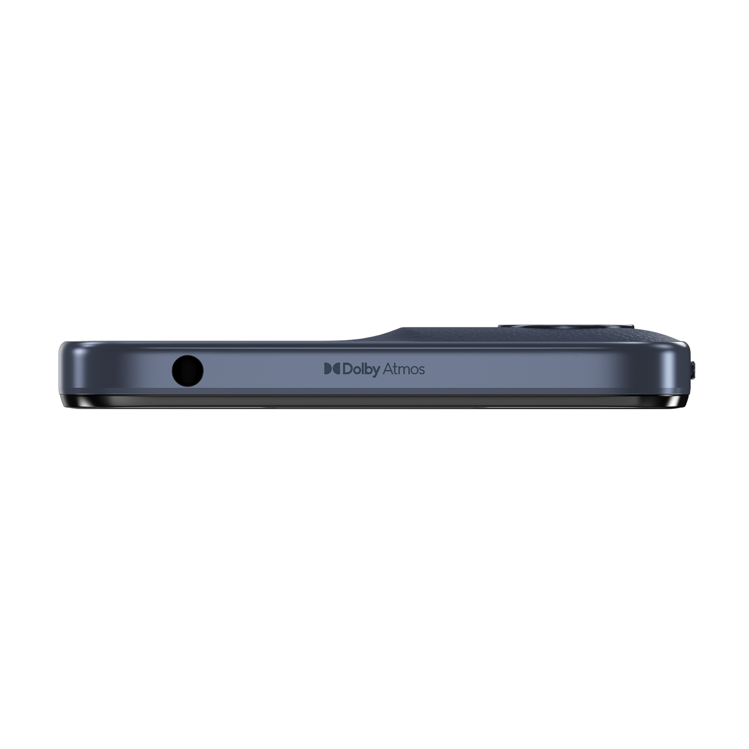 Blue phone side view, Dolby Atmos logo, headphone jack. Black background.