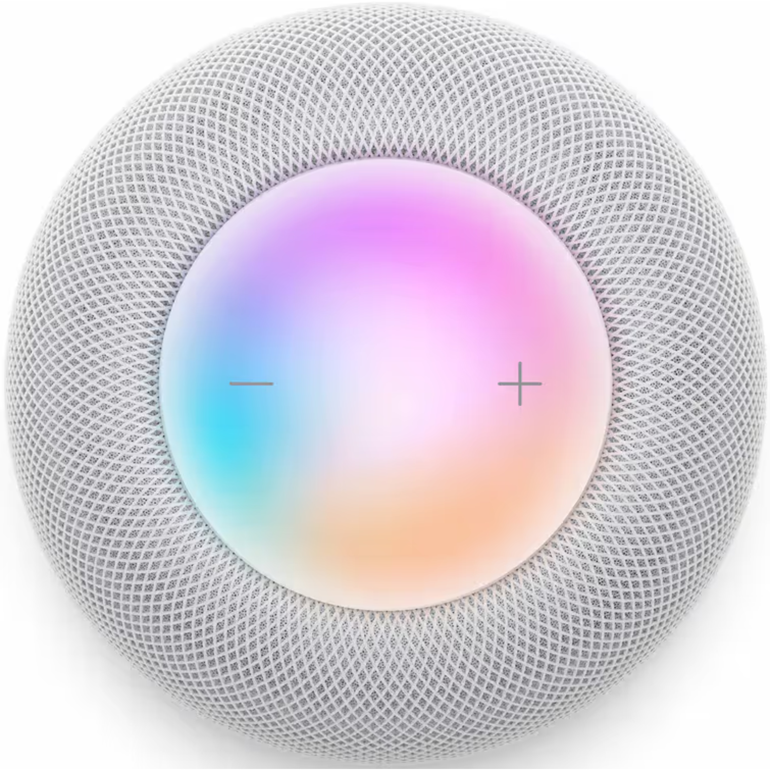 Smart speaker, top view, glowing top, controls. White background.
