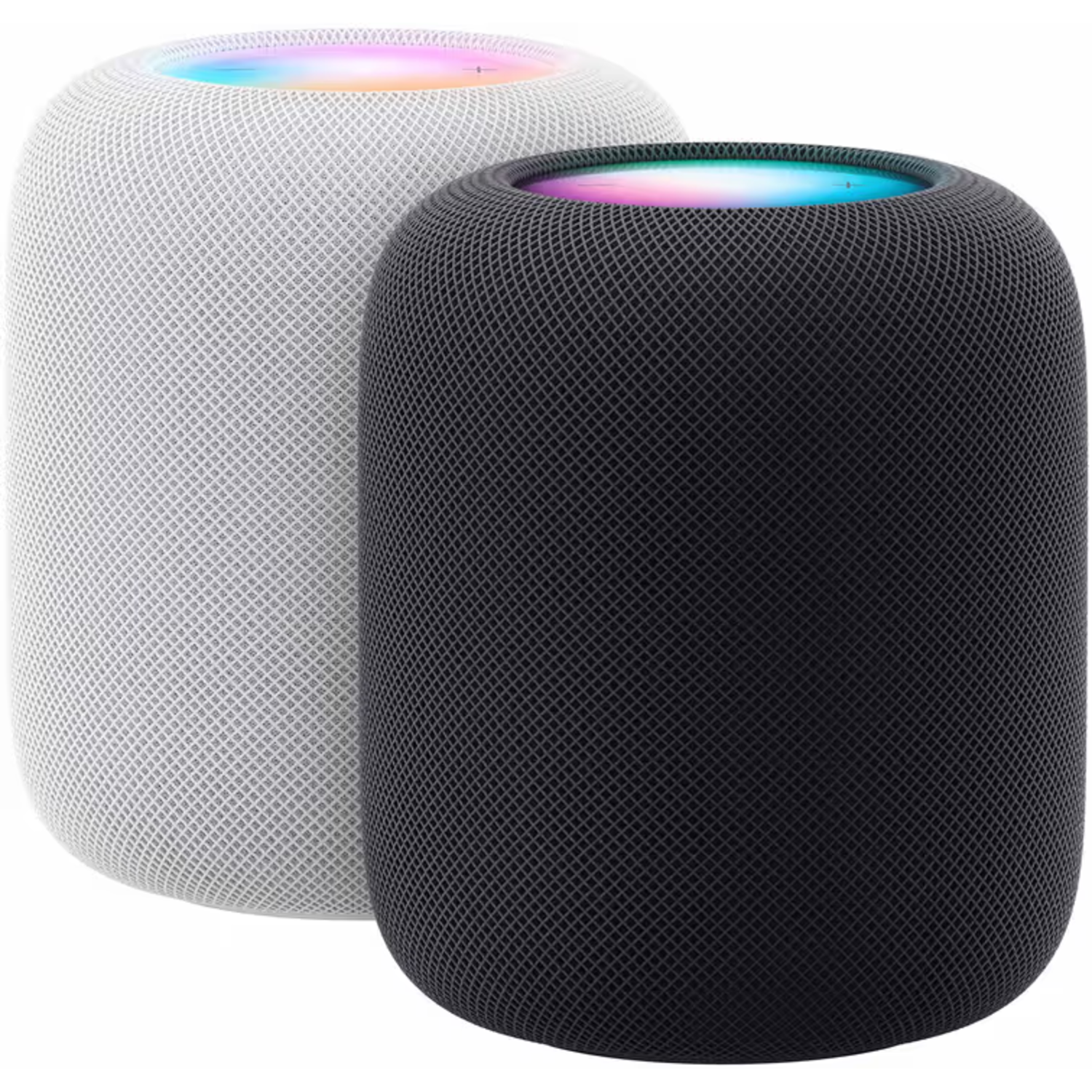 Two smart speakers, one white, one black, glowing tops. White background.