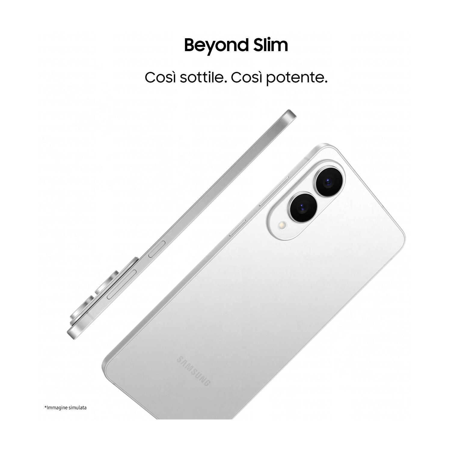 Telefono Galaxy S25 Edge bianco e la sua vista laterale. Il telefono è ultrasottile. Lo sfondo è bianco.