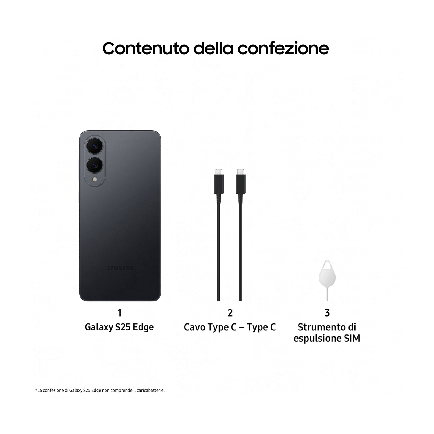 L'immagine mostra un telefono nero, un cavo USB-C e uno strumento di espulsione SIM su sfondo bianco.