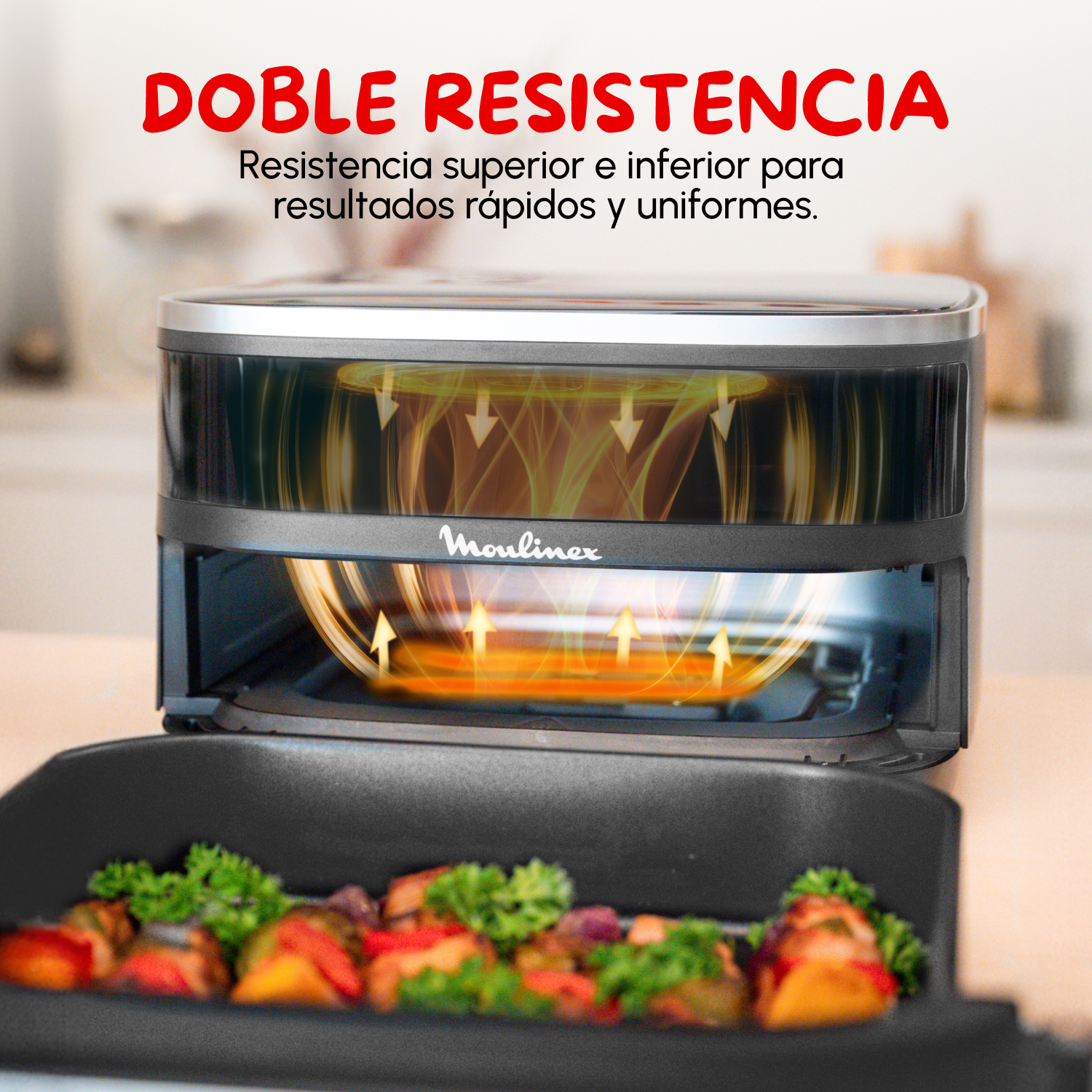 Freidora de aire con doble resistencia, superior e inferior. La comida que se cocina es visible. El texto dice "DOBLE RESISTENCIA".