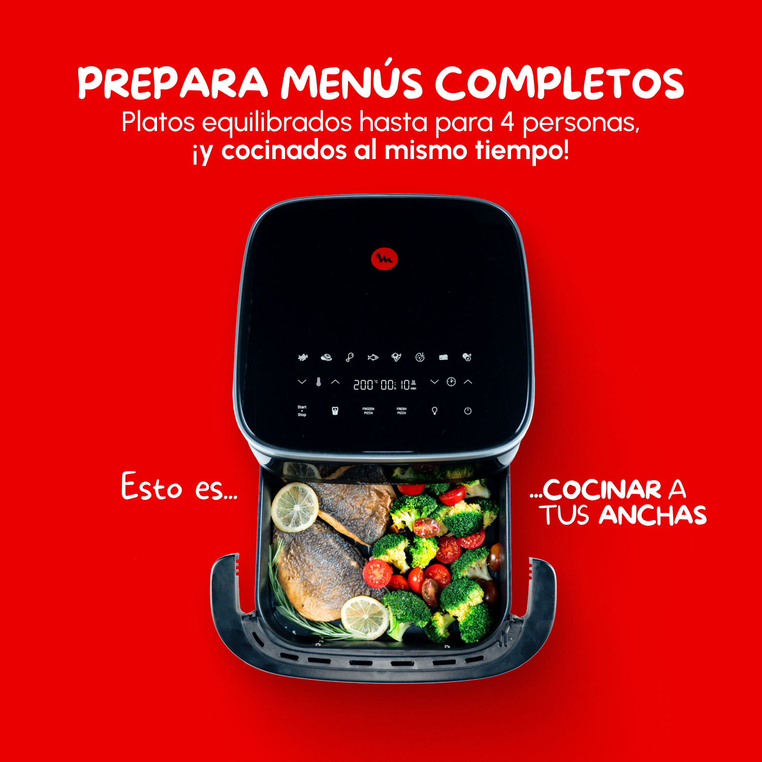 Una freidora de aire llena de comida. Los controles de la freidora de aire son visibles, con un texto que dice: "COCINAR A TU RITMO".