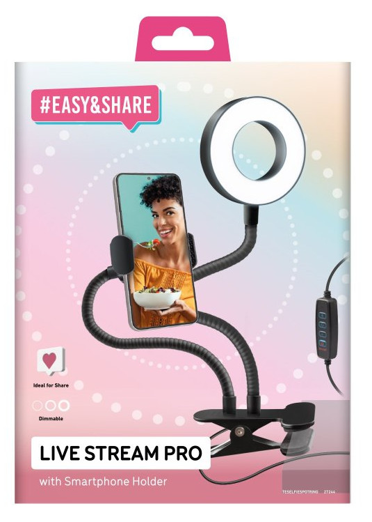 Live Stream Pro z telefonem, lampą pierścieniową, elastycznym ramieniem i kobietą trzymającą telefon. Czarna podstawa.