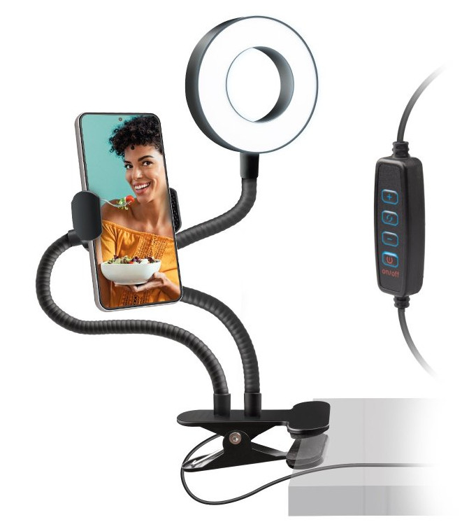 Ustawienia lampy pierścieniowej z telefonem. Kobieta trzyma jedzenie, czarne elastyczne ramiona i klips. Panel sterowania włącz/wyłącz.