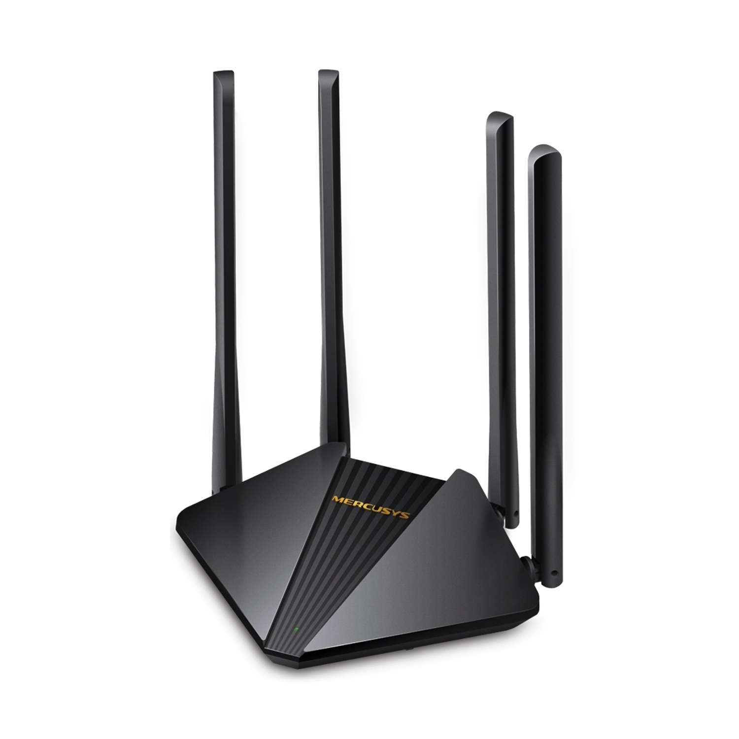 Router wireless bianco con quattro antenne nere, su sfondo bianco, vista inclinata.