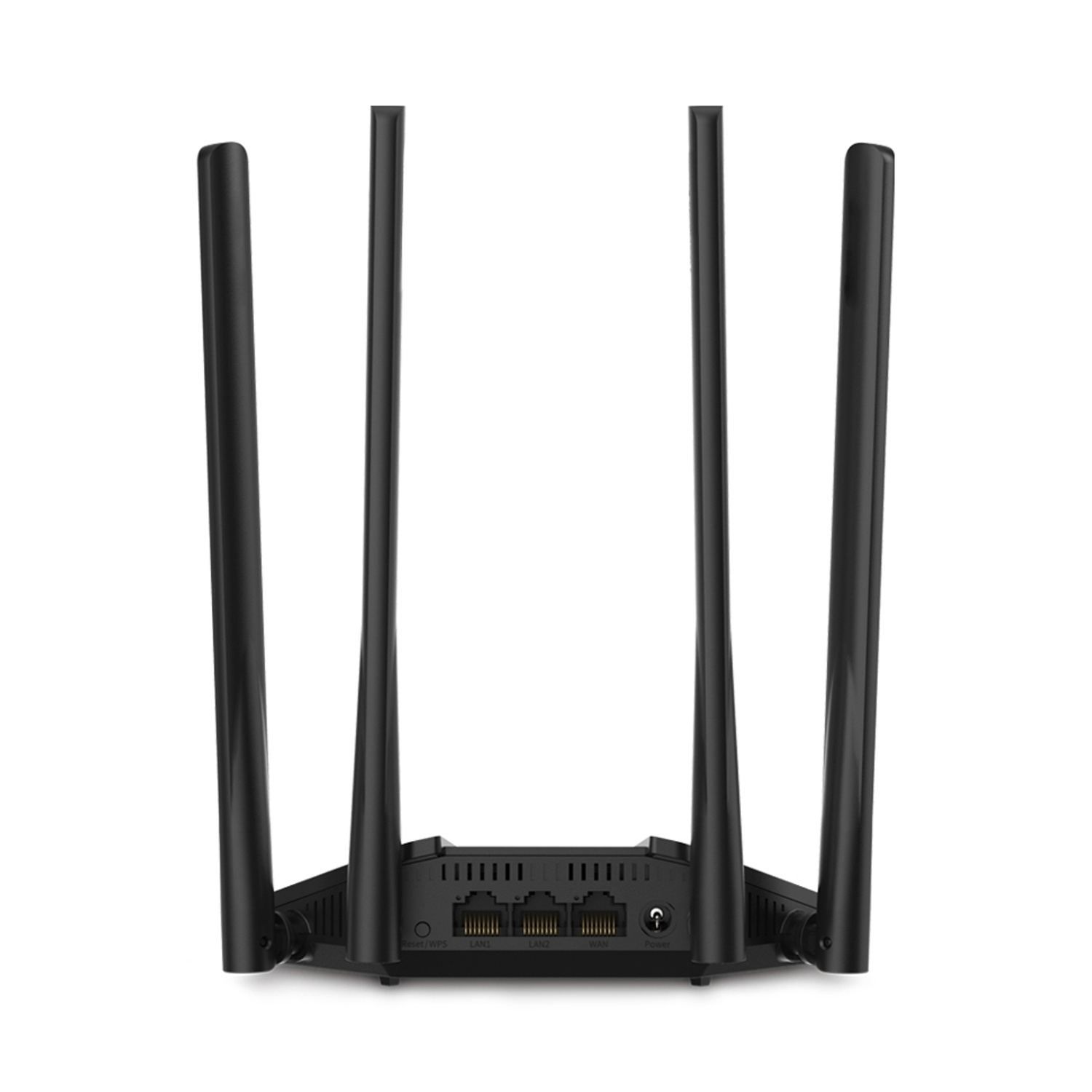 Retro di un router wireless bianco con porte e ingresso di alimentazione, su sfondo bianco.