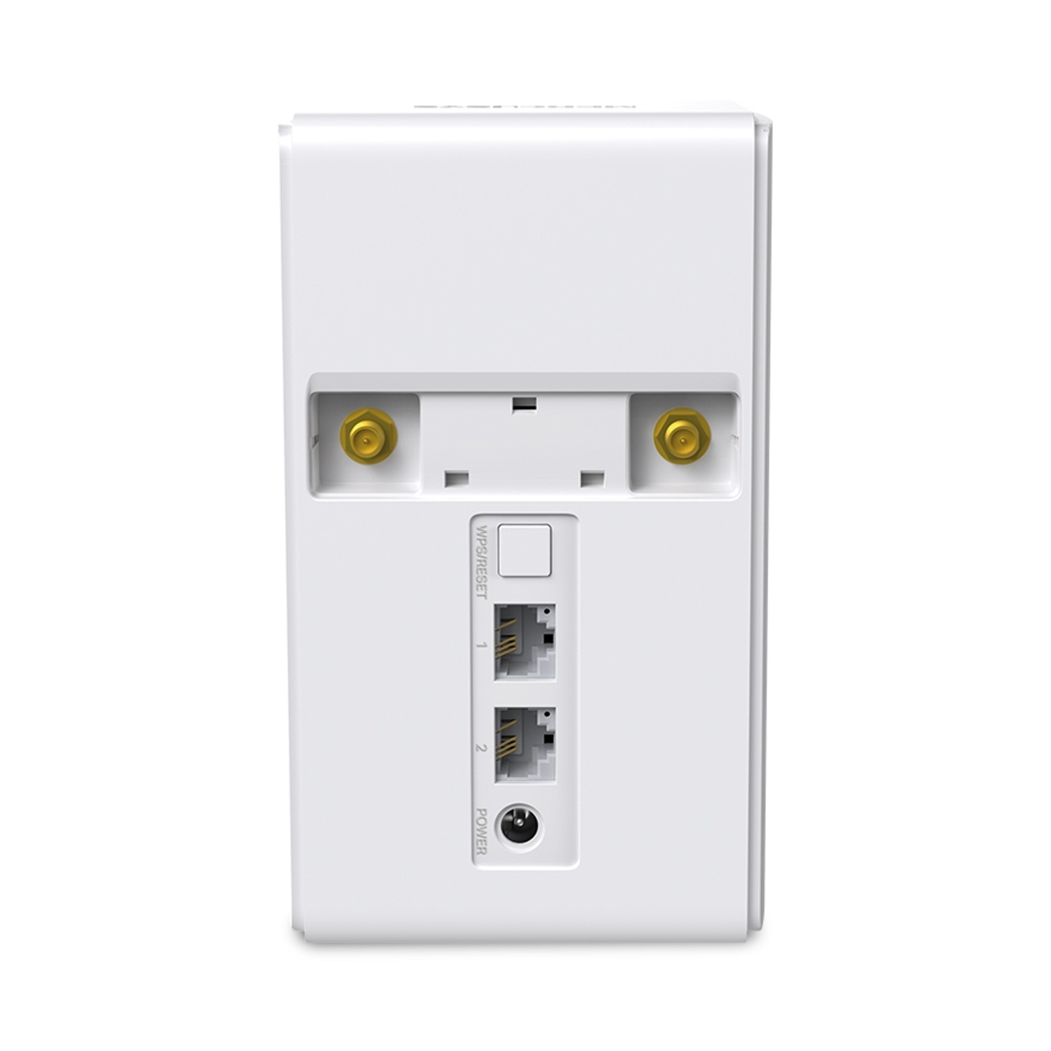 Retro di un router wireless bianco con porte e ingresso di alimentazione, su sfondo bianco.
