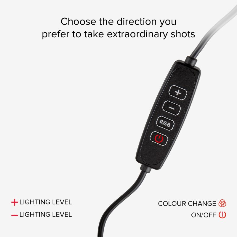 Zbliżenie czarnego panelu sterowania światłem z przyciskami i tekstem.