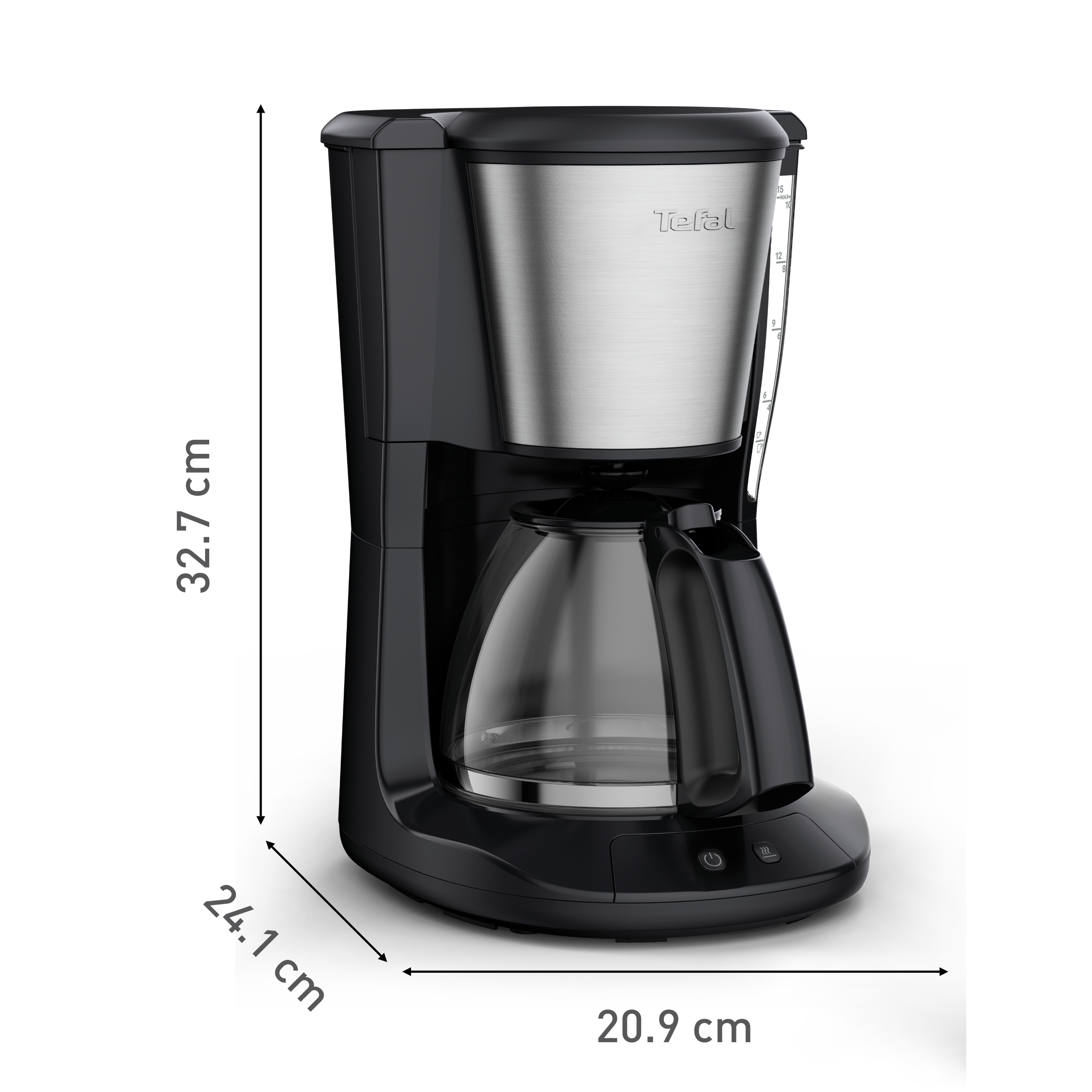 Schwarze und silberne Kaffeemaschine mit Abmessungen. Glaskaraffe unten, silberner Deckel, schwarzer Korpus.
