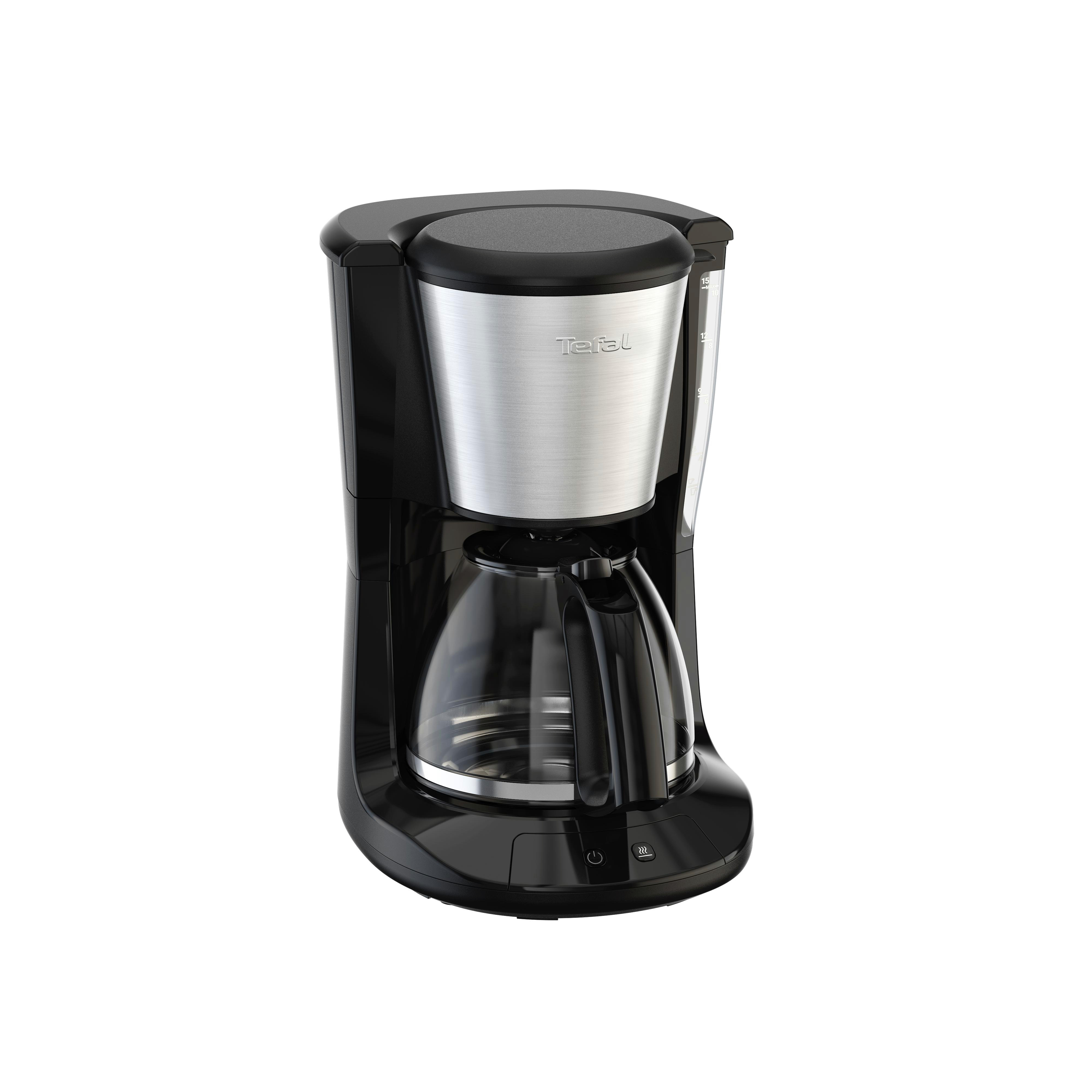 Schwarze und silberne Kaffeemaschine. Silberner Deckel mit 'Tefal'-Logo, schwarzer Korpus und Glaskaraffe.