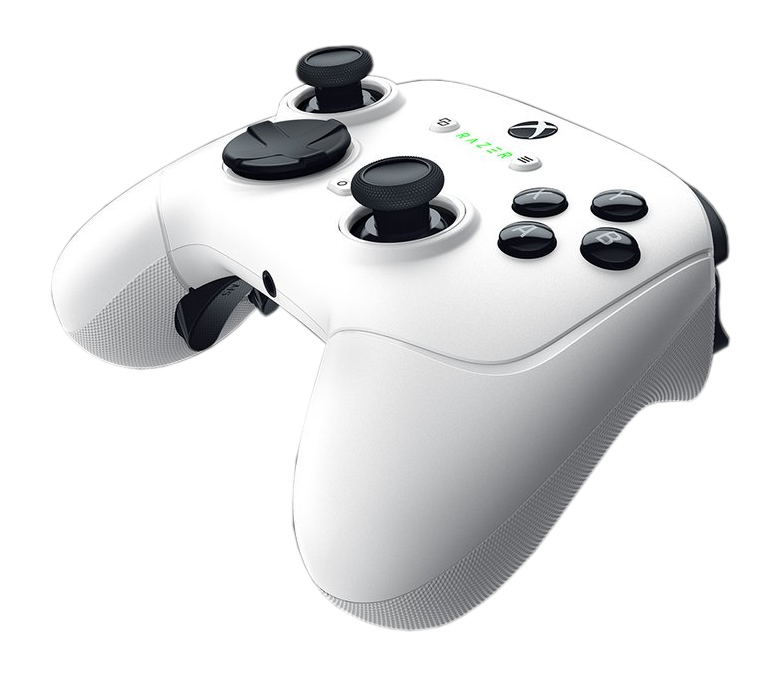 Biały kontroler Xbox, czarne przyciski, czarne gałki, logo Razer.